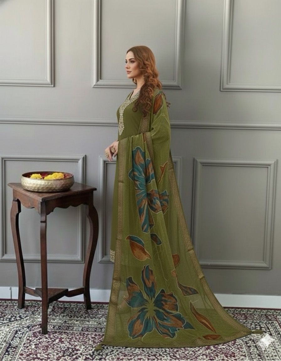 Elegant Olive  Embroidered Kurta Set with Printed Dupatta