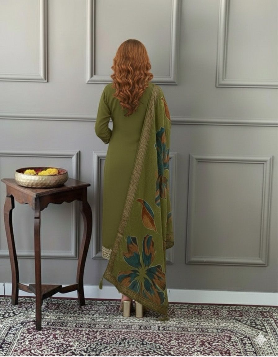 Elegant Olive  Embroidered Kurta Set with Printed Dupatta