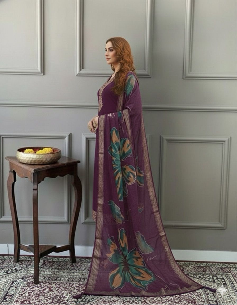 Elegant Olive  Embroidered Kurta Set with Printed Dupatta