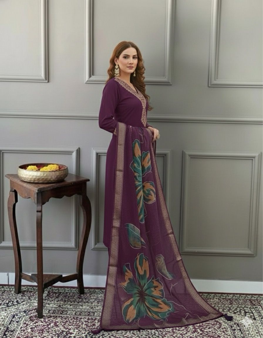 Elegant Olive  Embroidered Kurta Set with Printed Dupatta