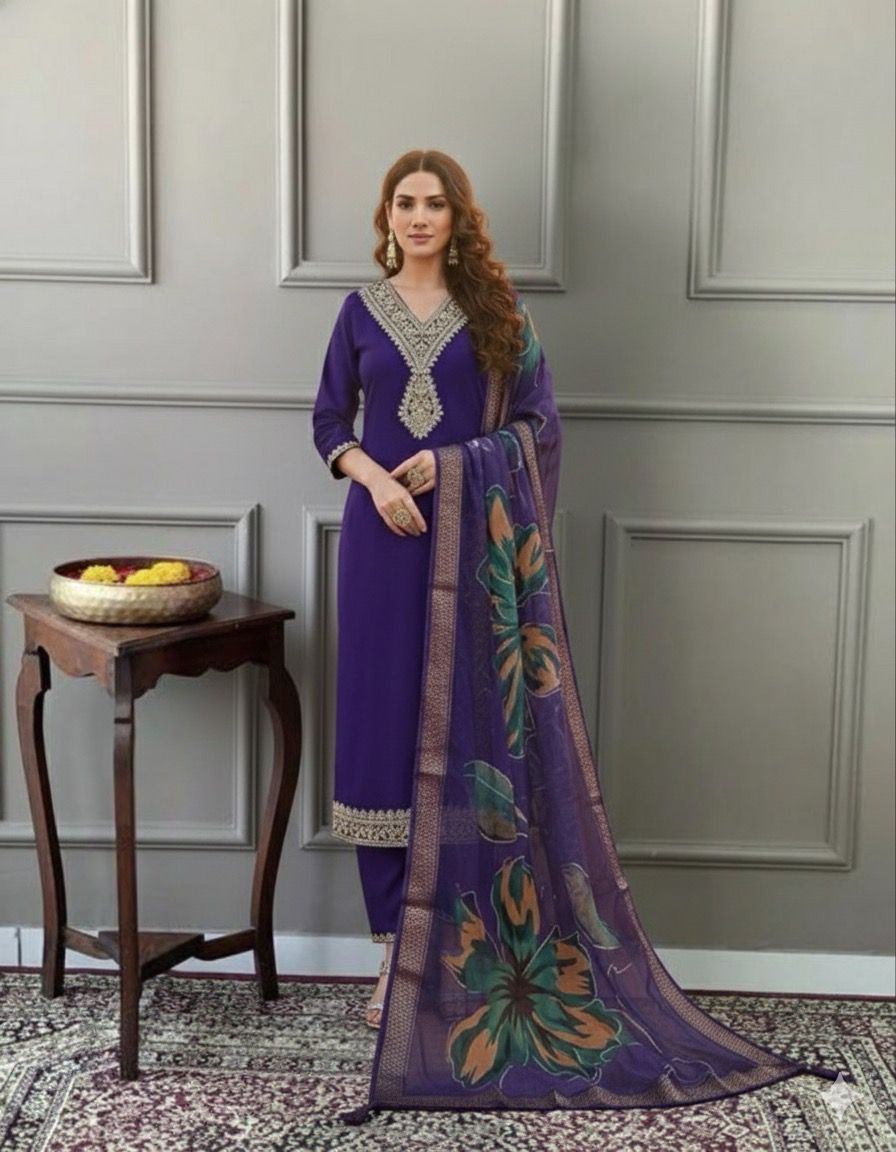 Elegant Olive  Embroidered Kurta Set with Printed Dupatta