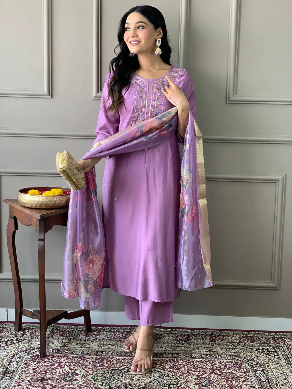 Lavender Embroidered Straight Kurta Set with Floral Dupatta