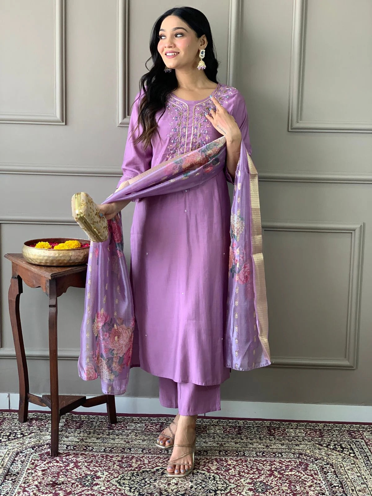 Lavender Embroidered Straight Kurta Set with Floral Dupatta