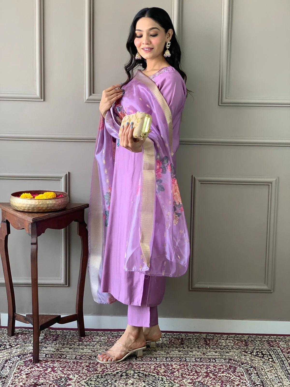 Lavender Embroidered Straight Kurta Set with Floral Dupatta