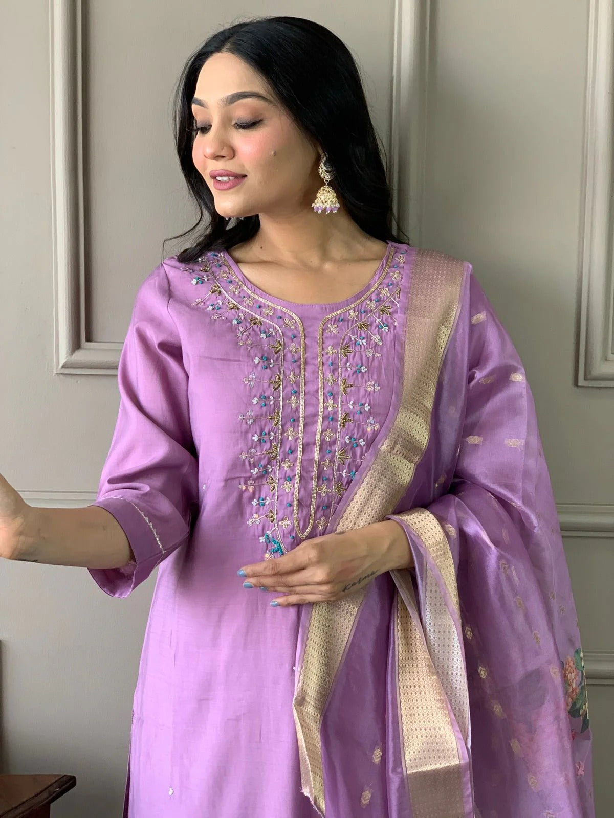 Lavender Embroidered Straight Kurta Set with Floral Dupatta
