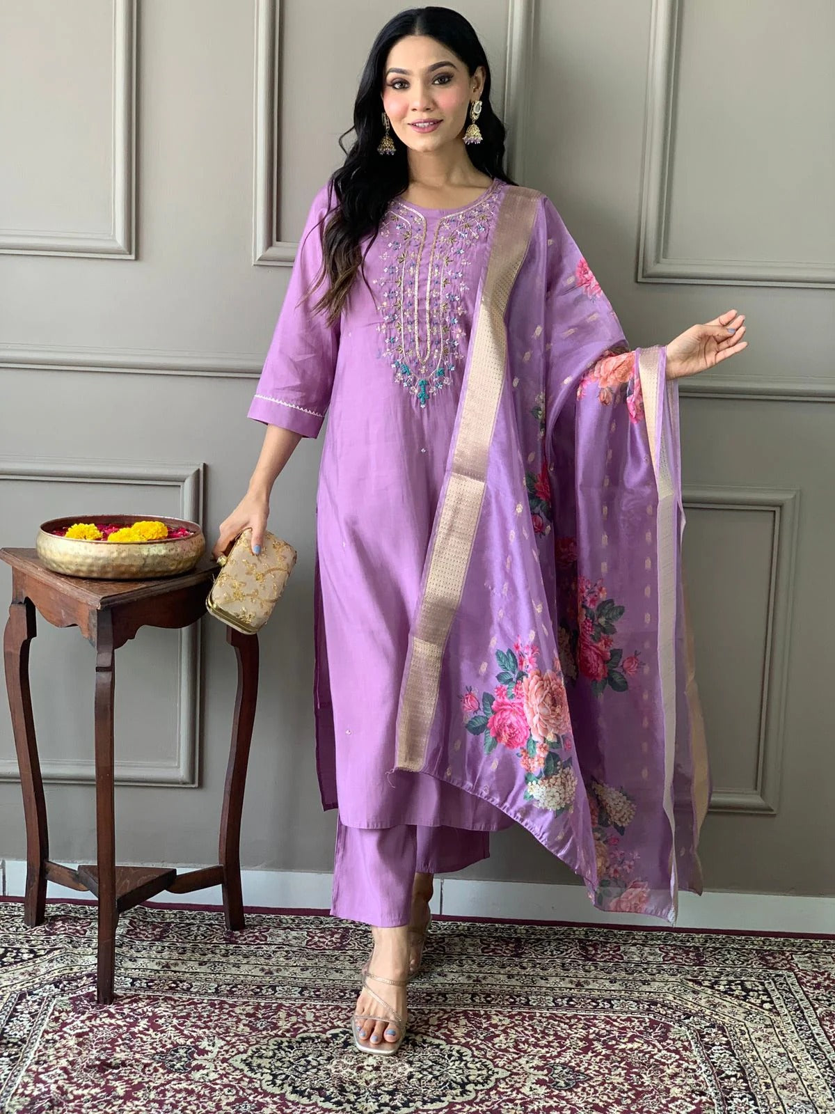 Lavender Embroidered Straight Kurta Set with Floral Dupatta