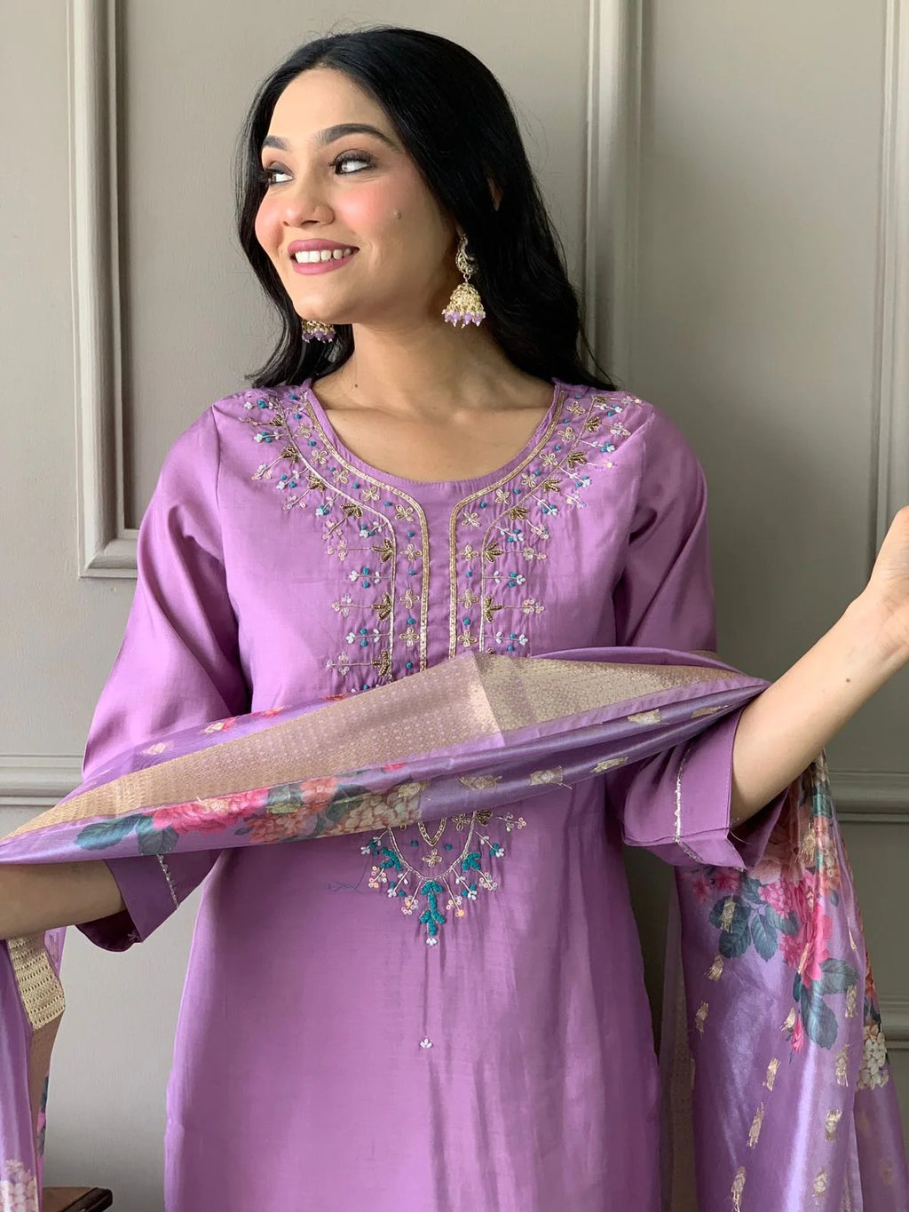 Lavender Embroidered Straight Kurta Set with Floral Dupatta