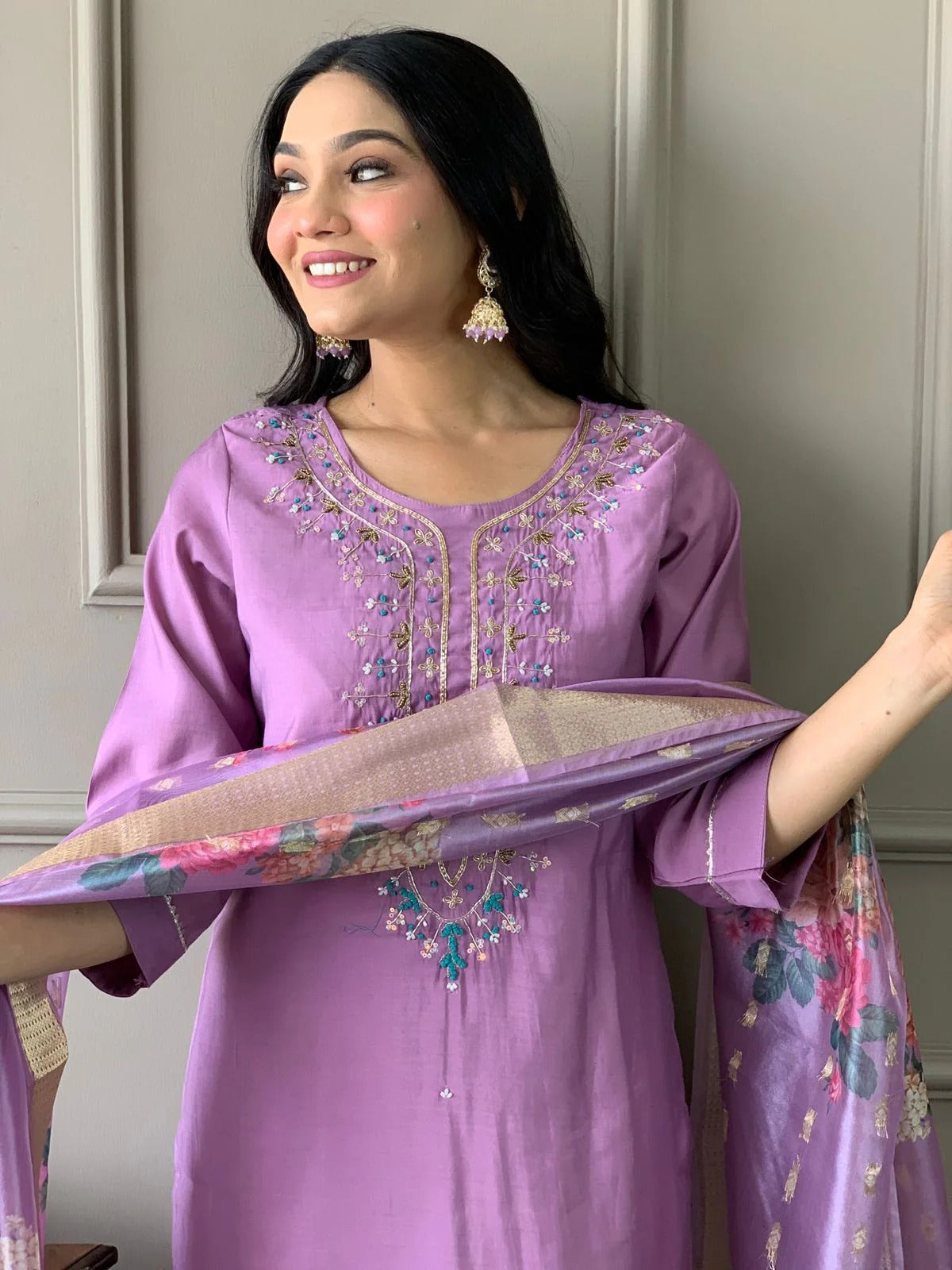 Lavender Embroidered Straight Kurta Set with Floral Dupatta