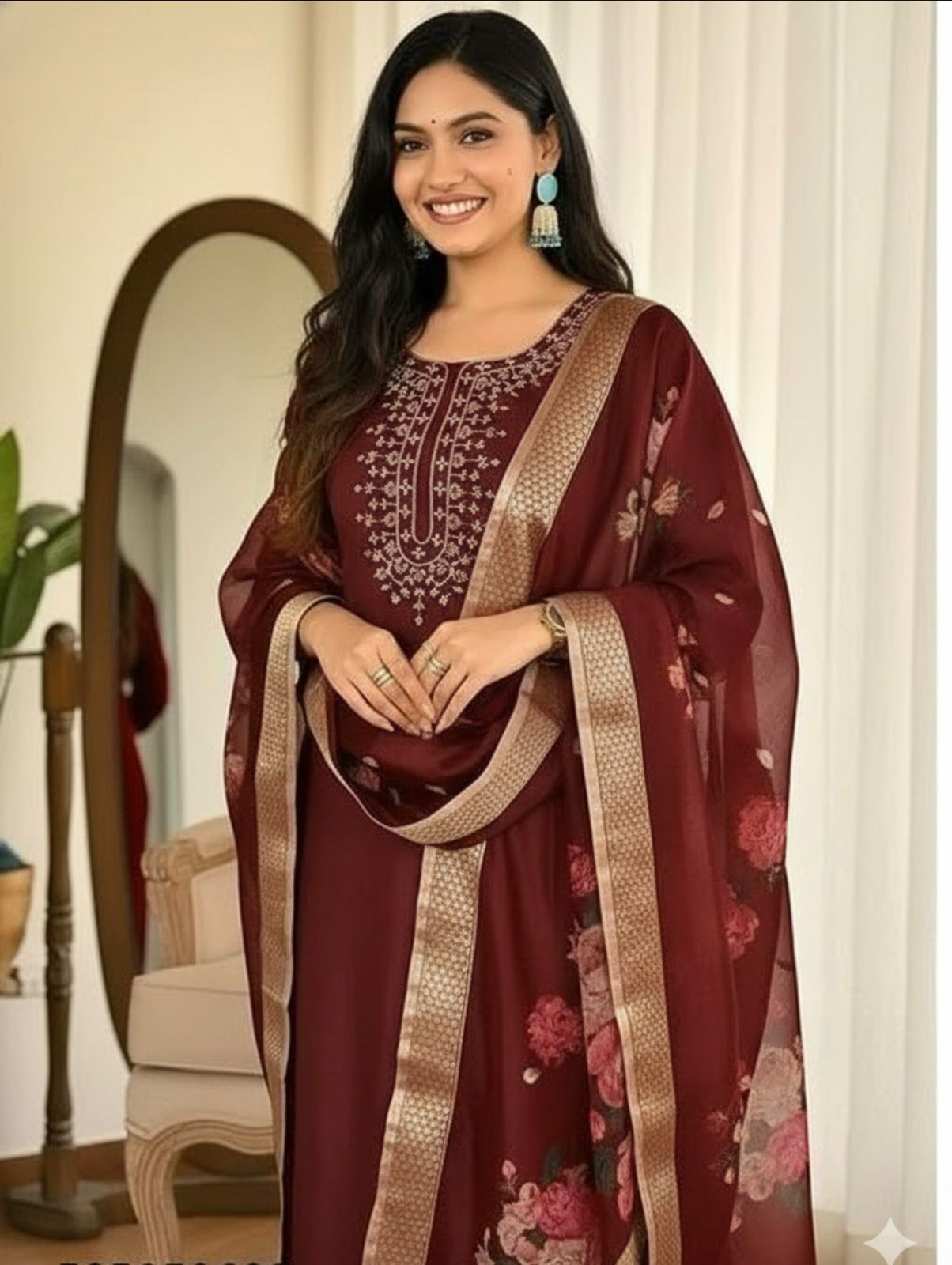 Elegant Maroon Festive Wear Kurta, Pant & Dupatta Set