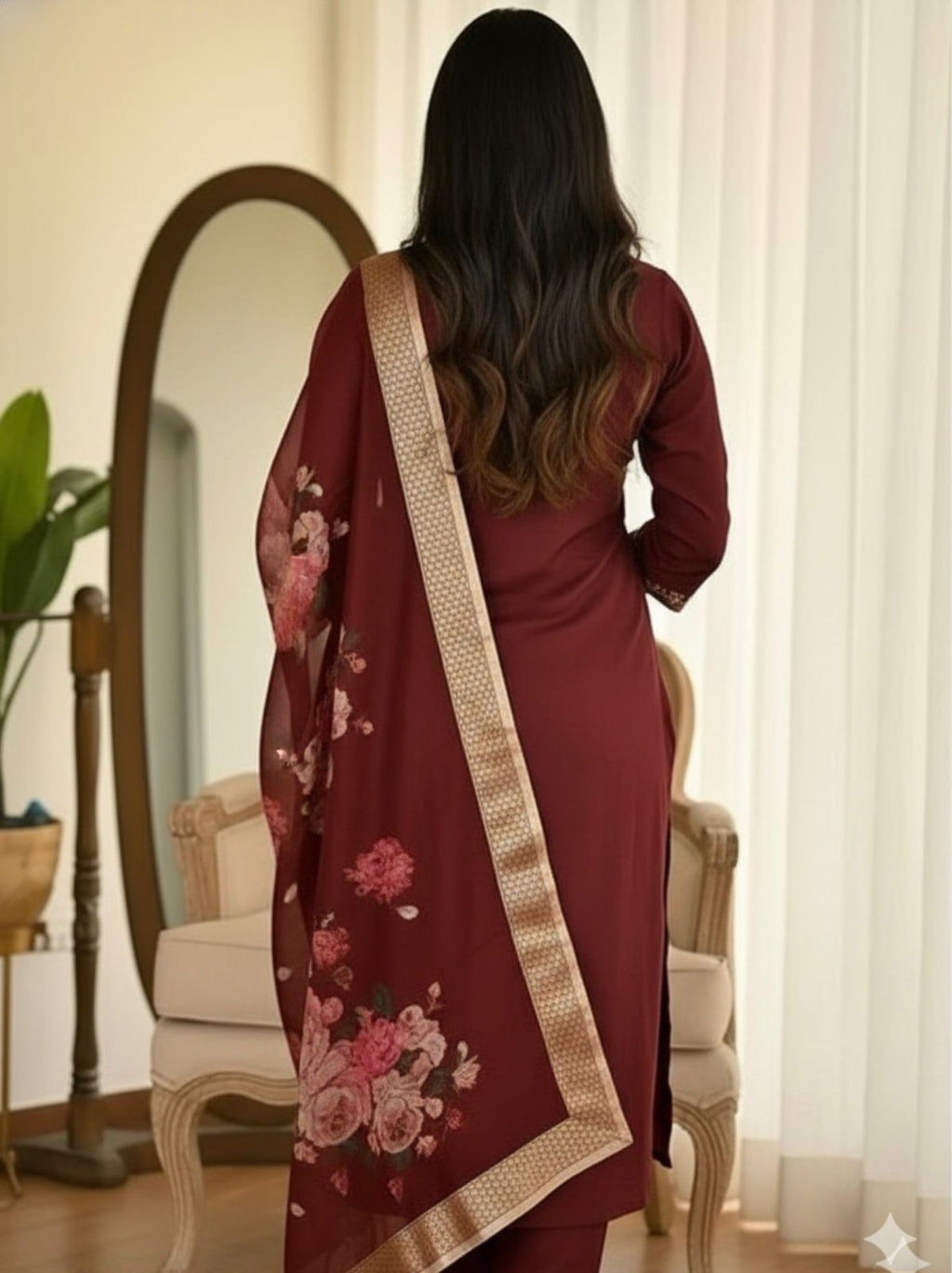 Elegant Maroon Festive Wear Kurta, Pant & Dupatta Set