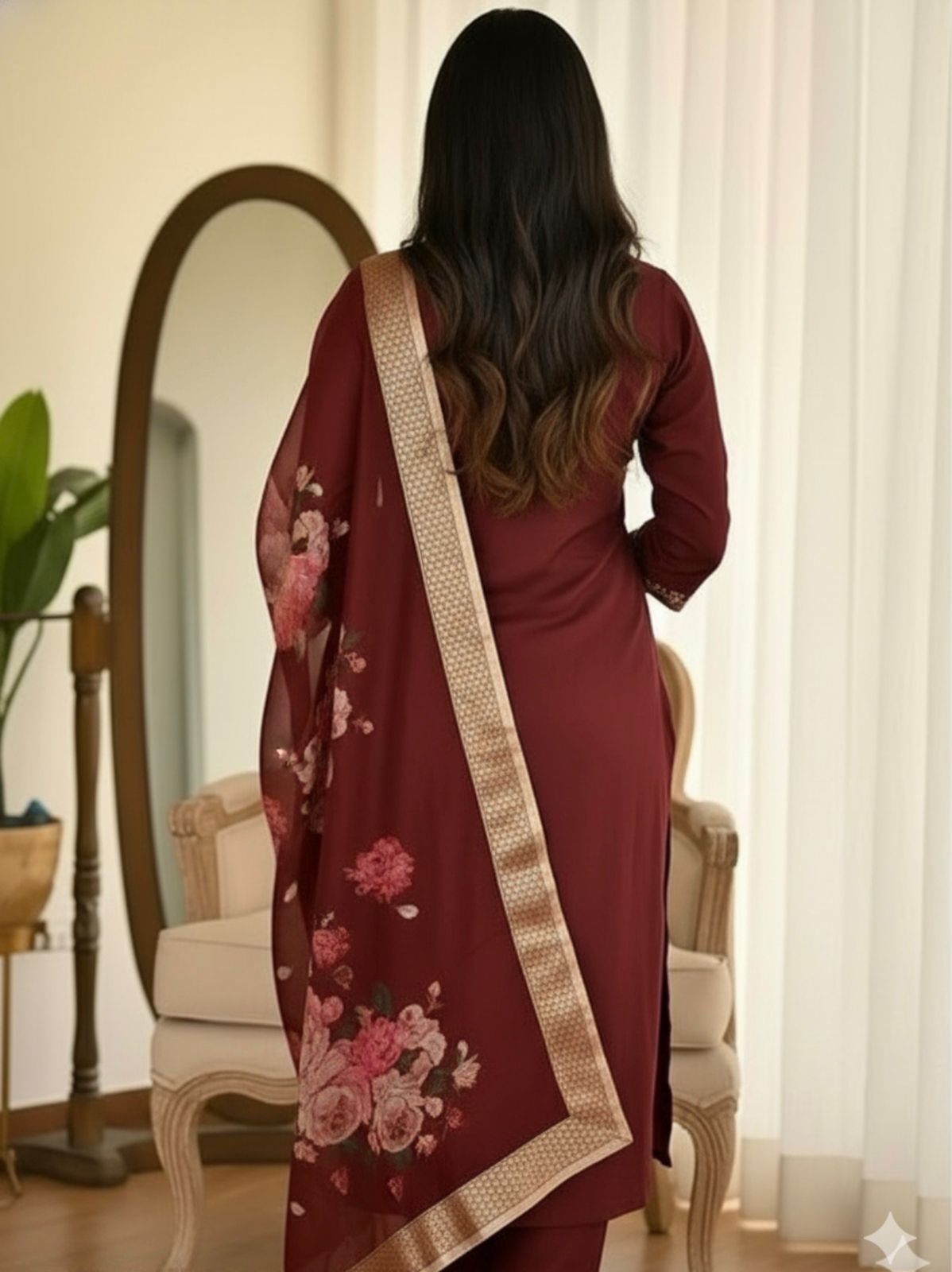 Elegant Maroon Festive Wear Kurta, Pant & Dupatta Set