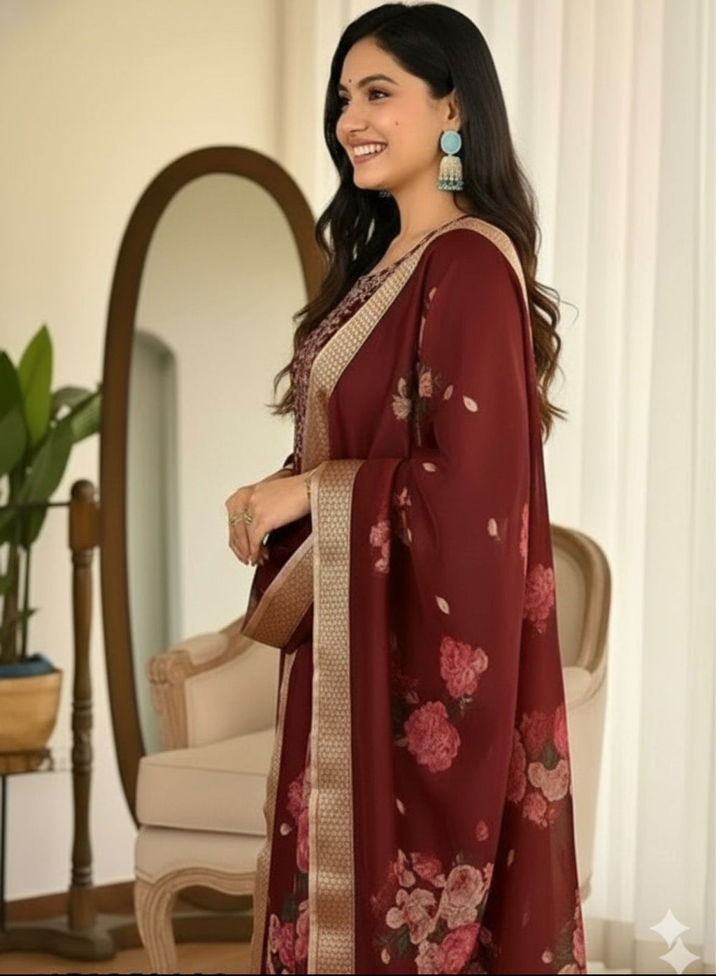 Elegant Maroon Festive Wear Kurta, Pant & Dupatta Set