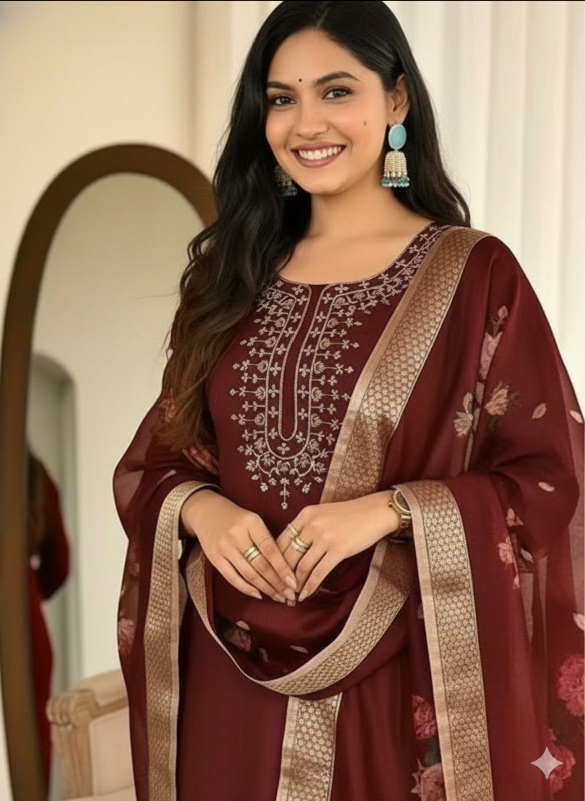 Elegant Maroon Festive Wear Kurta, Pant & Dupatta Set