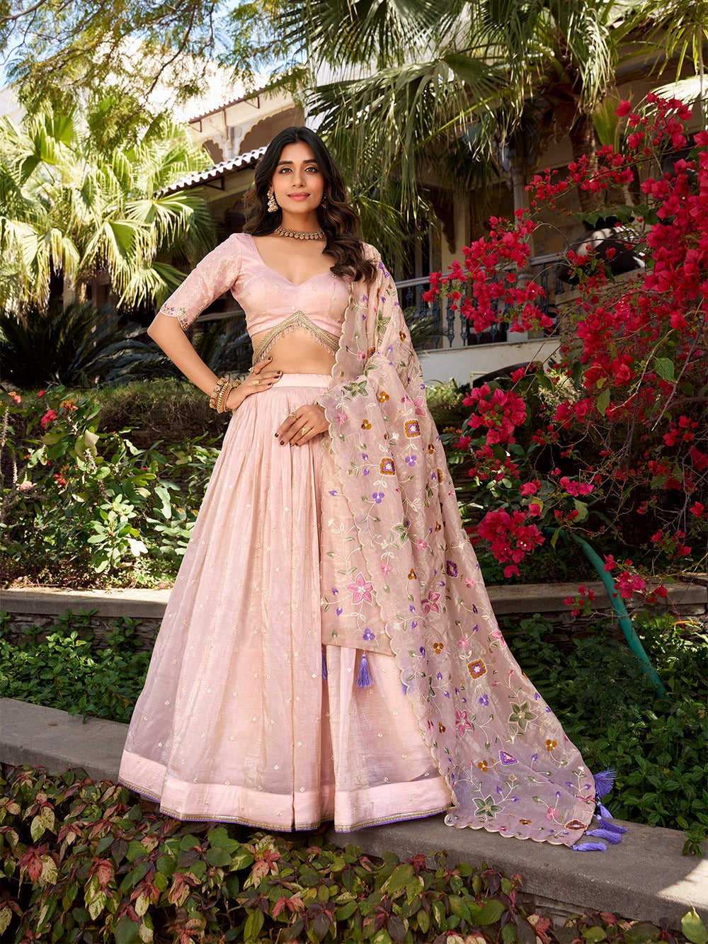 Pastel Pink Embroidered Designer Lehenga Set with Dupatta