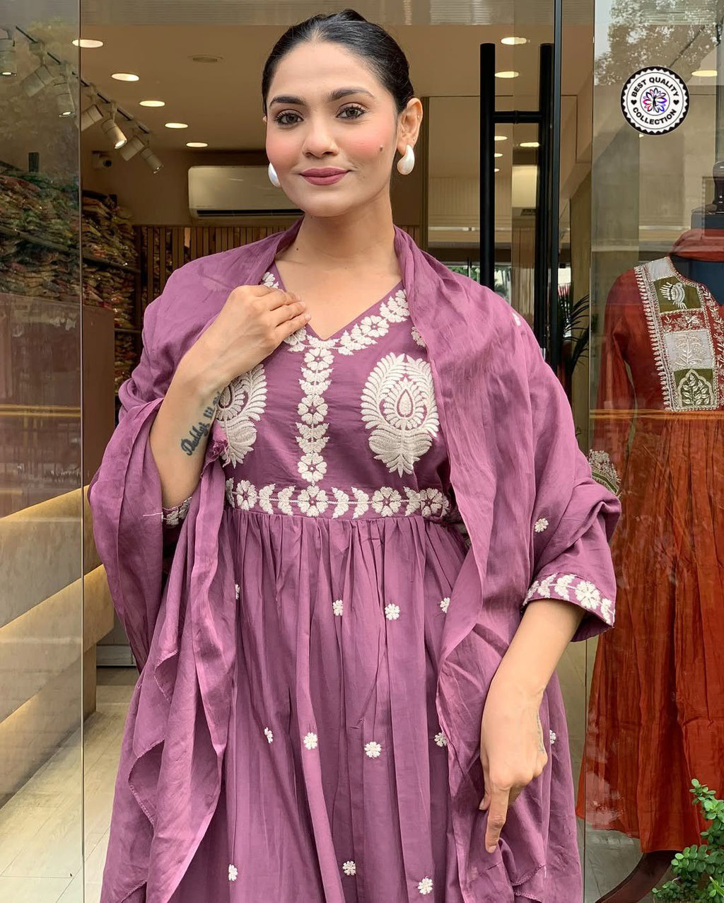 Designer Mauve Cotton Anarkali Kurti with Mirror & Thread Work Dupatta