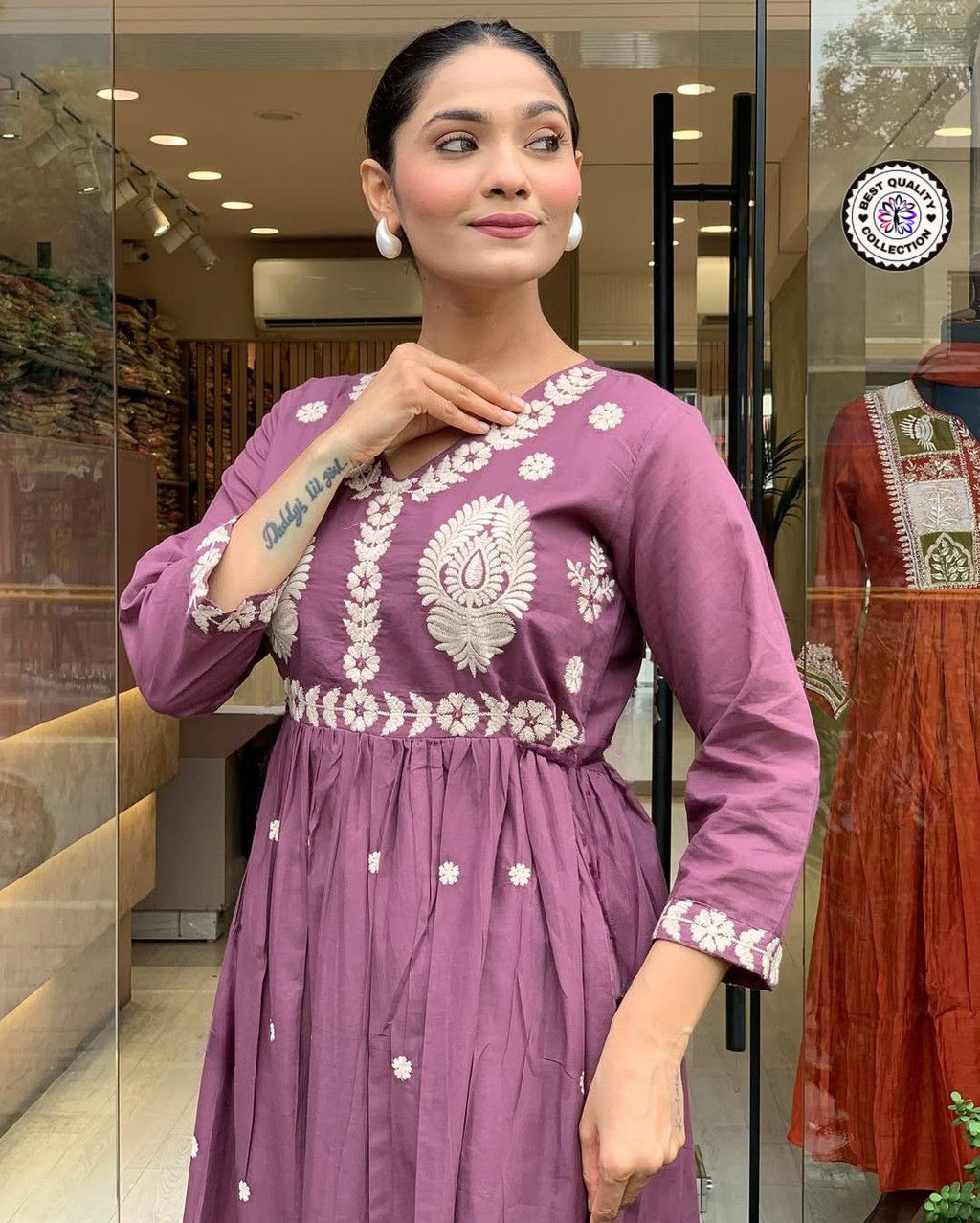 Designer Mauve Cotton Anarkali Kurti with Mirror & Thread Work Dupatta