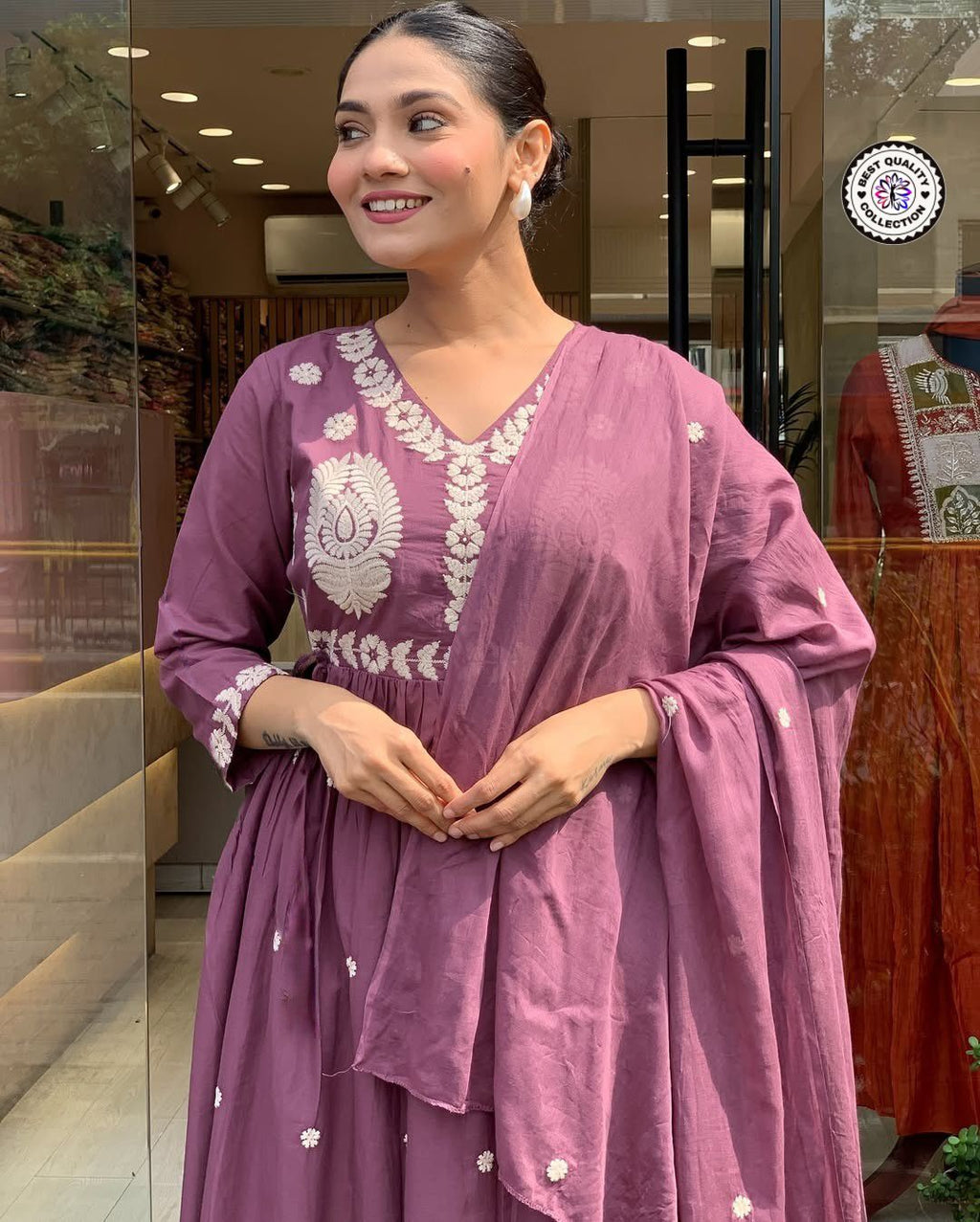 Designer Mauve Cotton Anarkali Kurti with Mirror & Thread Work Dupatta