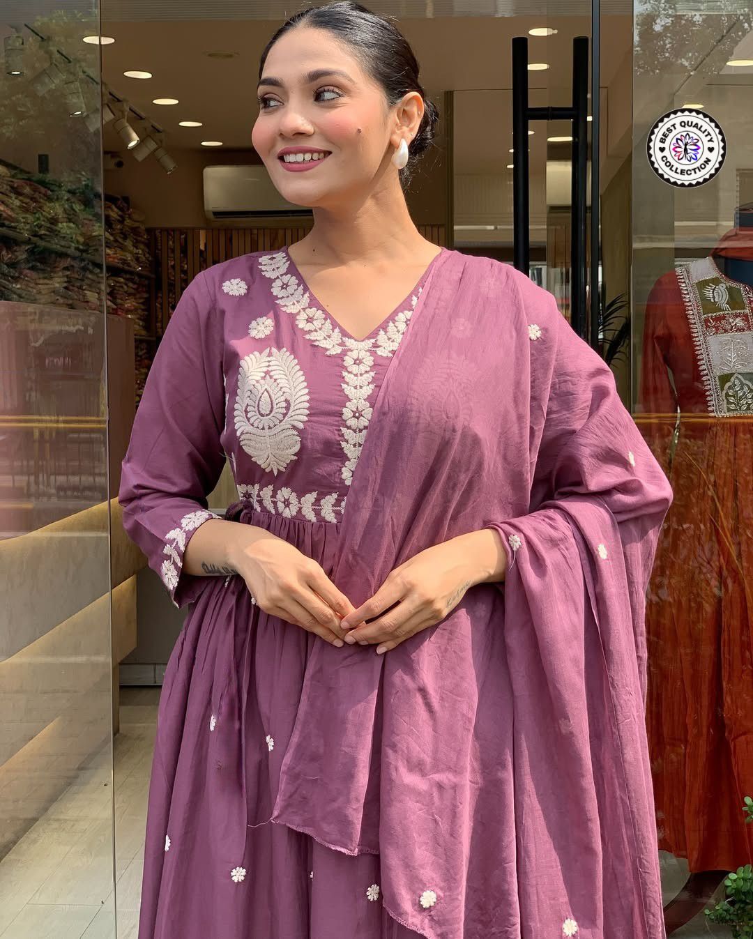 Designer Mauve Cotton Anarkali Kurti with Mirror & Thread Work Dupatta