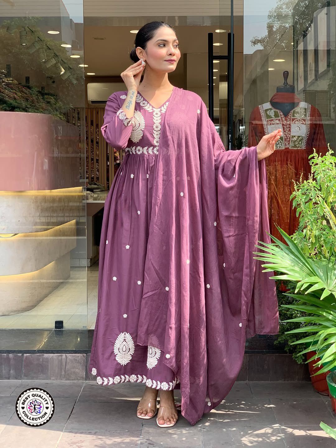 Designer Mauve Cotton Anarkali Kurti with Mirror & Thread Work Dupatta