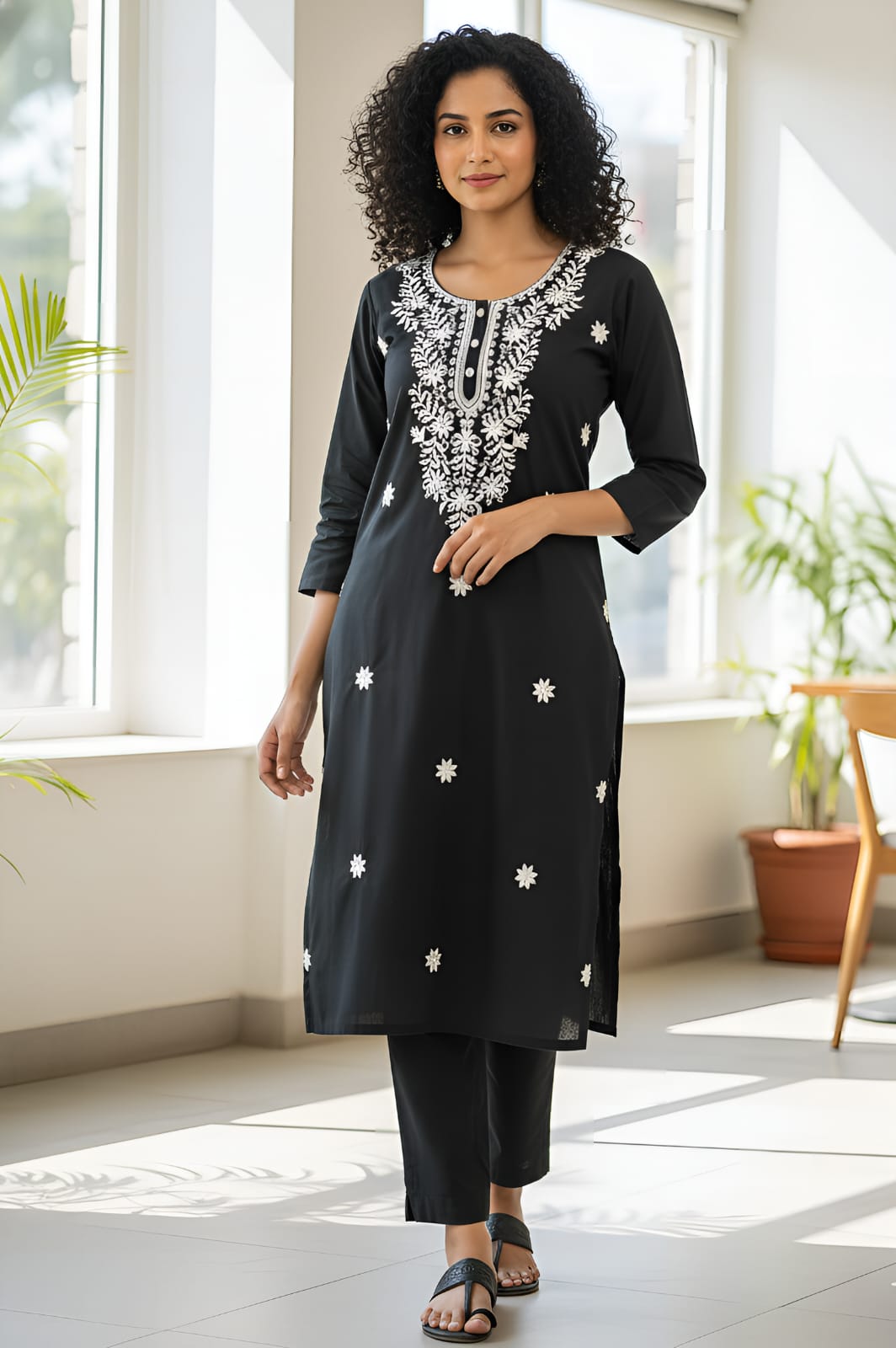 women's Black Straight Kurta with White Floral Embroidery & Matching Pants