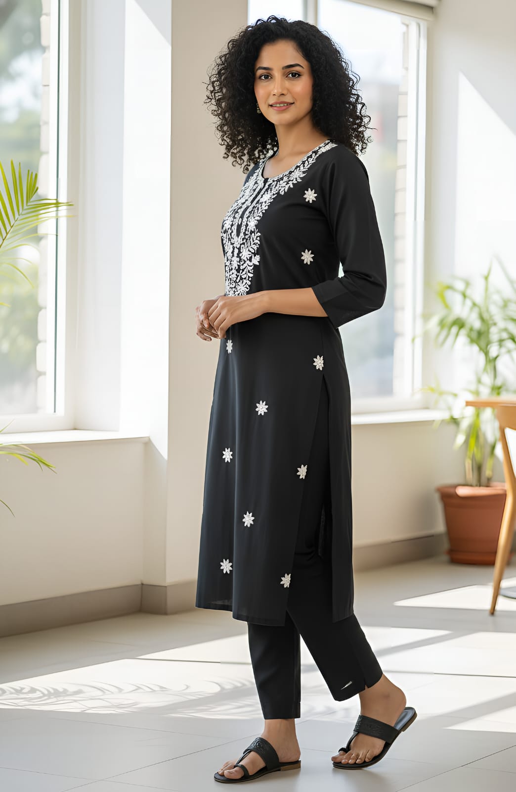 women's Black Straight Kurta with White Floral Embroidery & Matching Pants