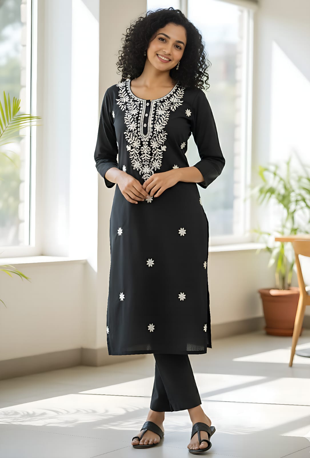 women's Black Straight Kurta with White Floral Embroidery & Matching Pants