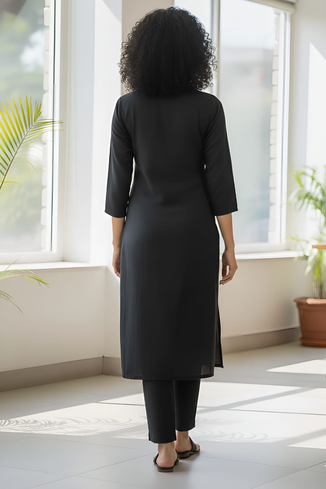 women's Black Straight Kurta with White Floral Embroidery & Matching Pants