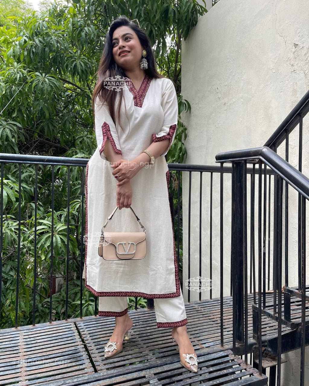 Cotton Blend White Kurta Pant Set with Contrast Detailing