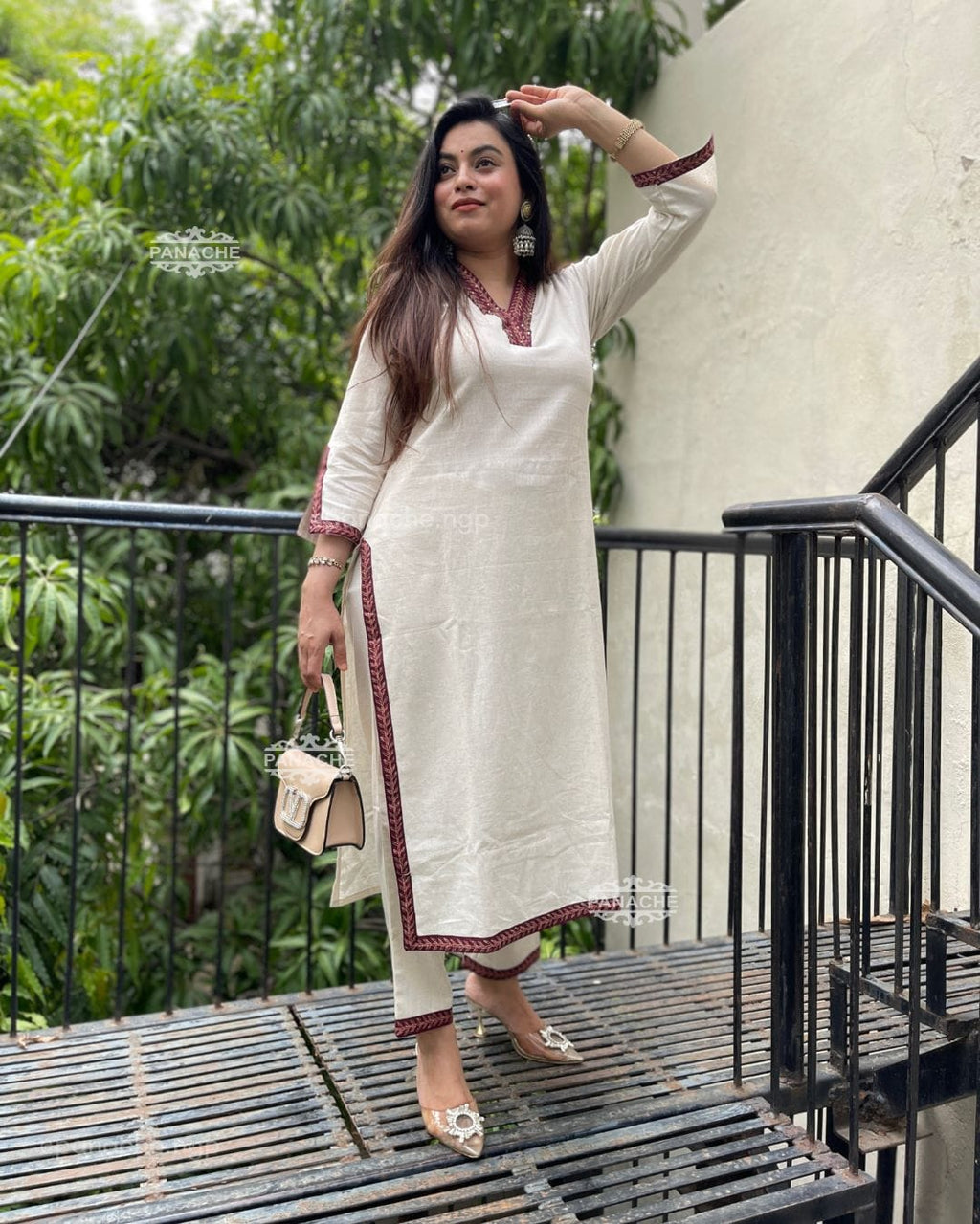 Cotton Blend White Kurta Pant Set with Contrast Detailing
