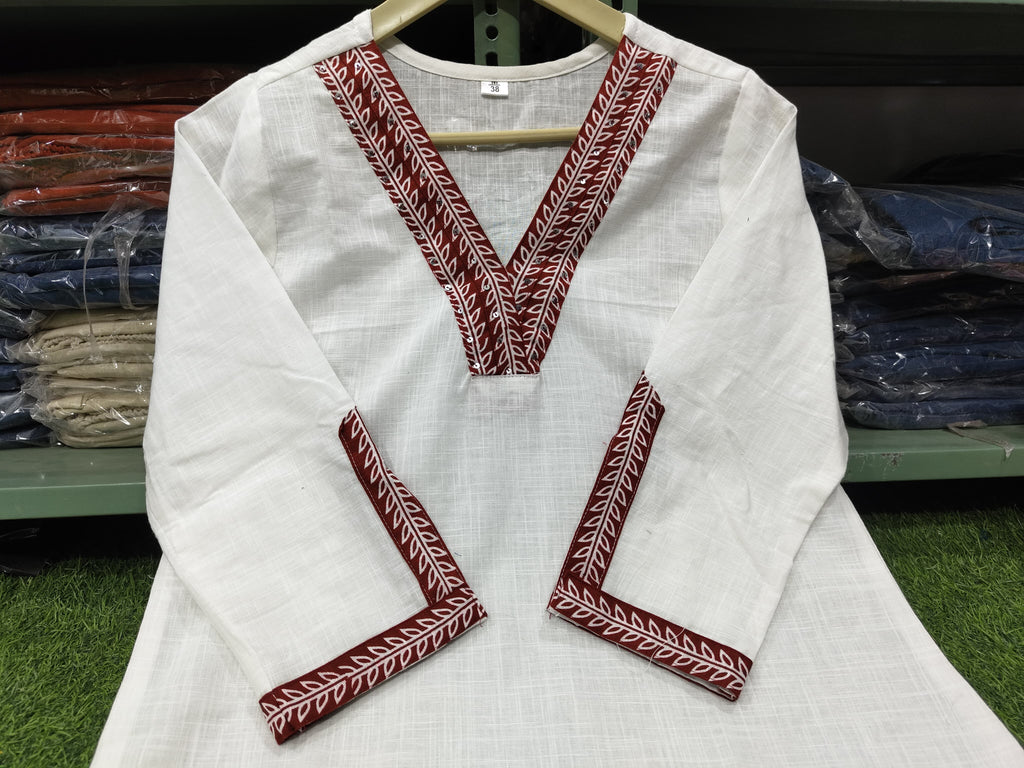 Cotton Blend White Kurta Pant Set with Contrast Detailing