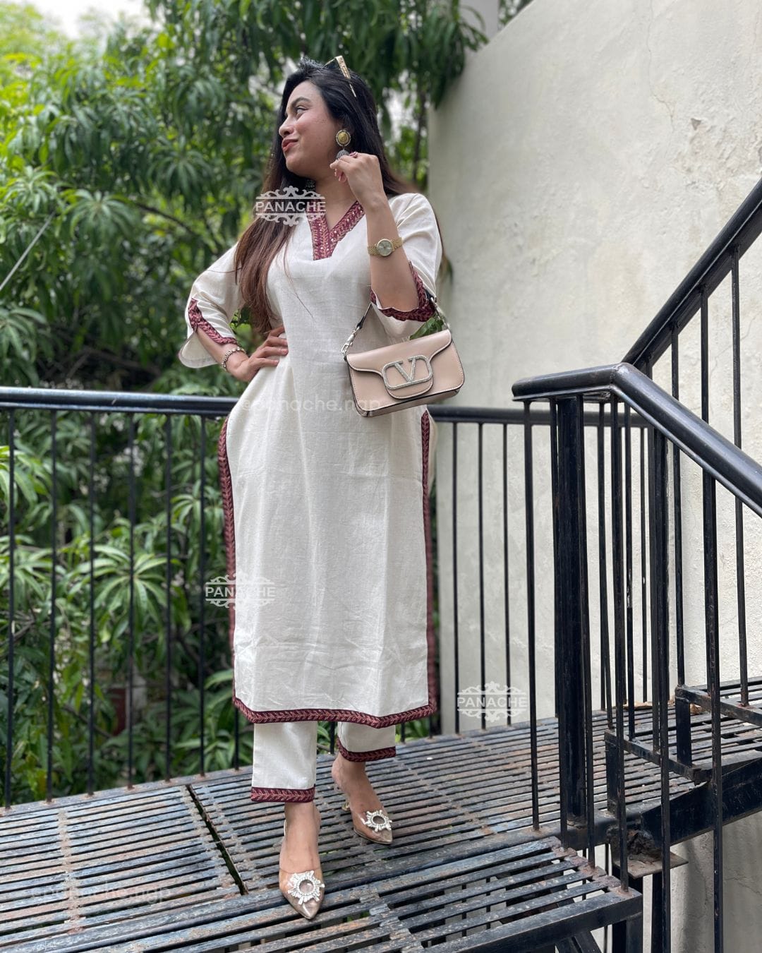 Cotton Blend White Kurta Pant Set with Contrast Detailing