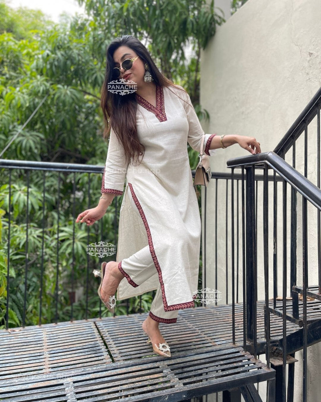 Cotton Blend White Kurta Pant Set with Contrast Detailing