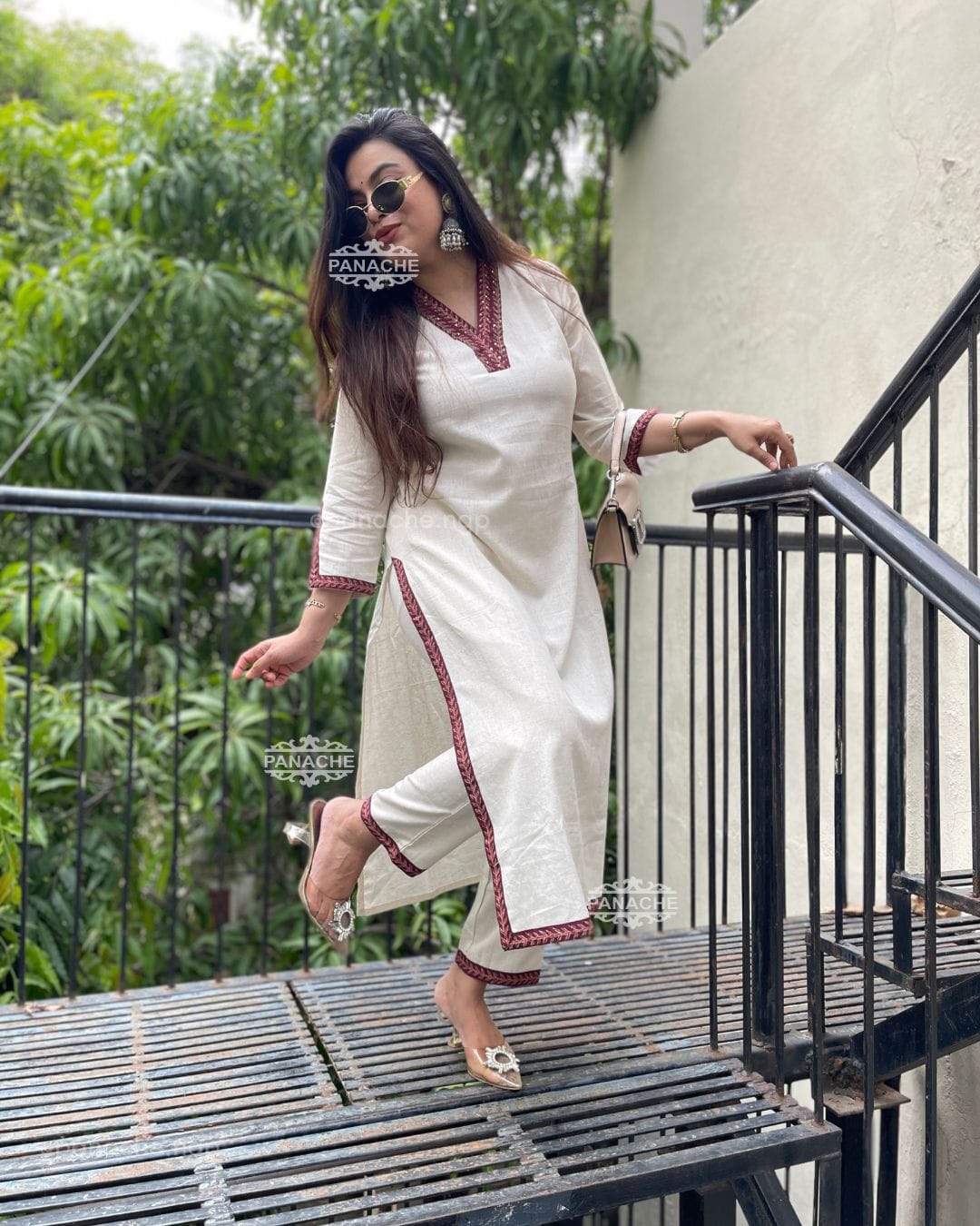 Cotton Blend White Kurta Pant Set with Contrast Detailing