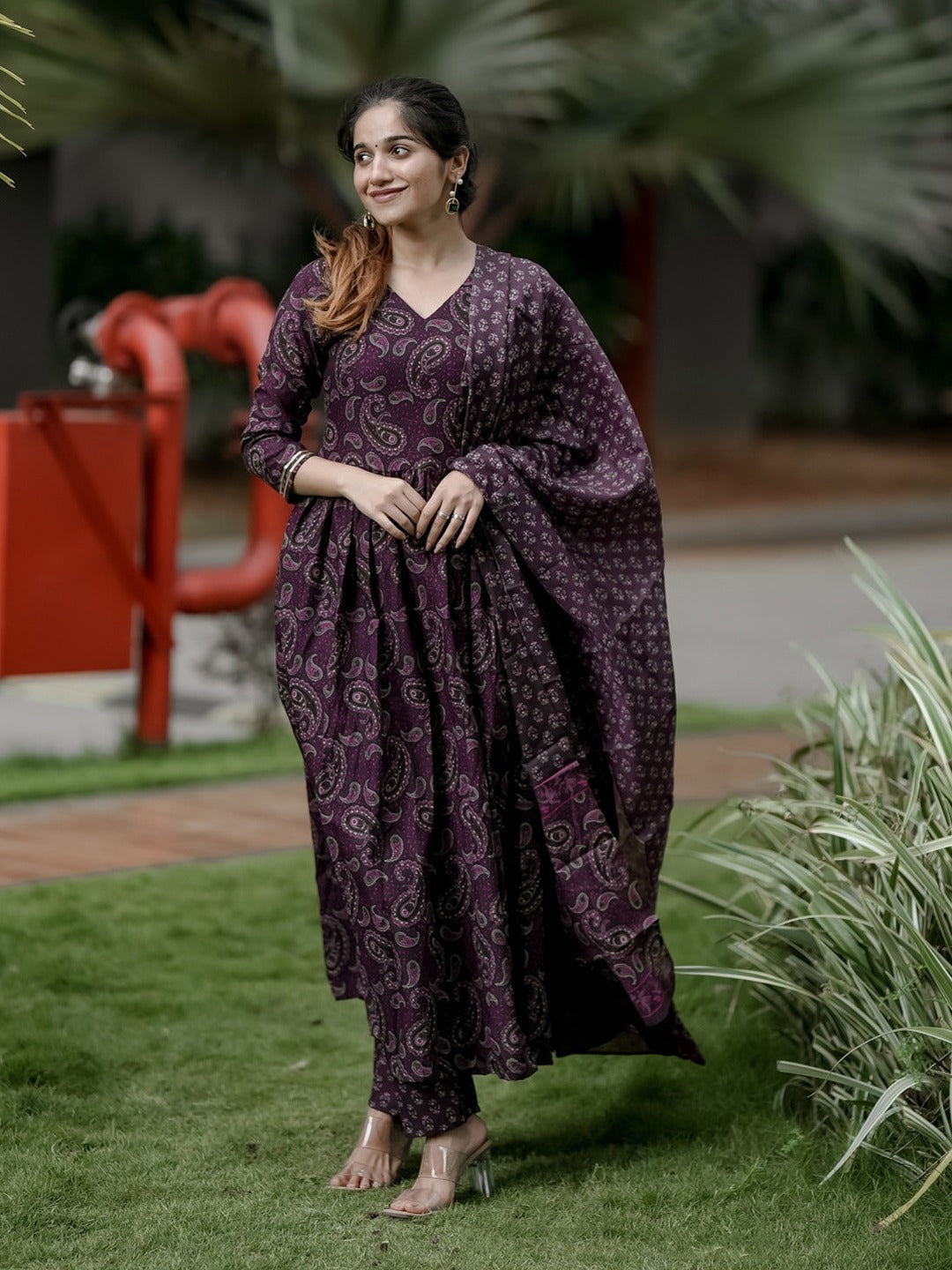 Women's Purple Paisley Printed Anarkali Kurta Set with Matching Pants & Dupatta
