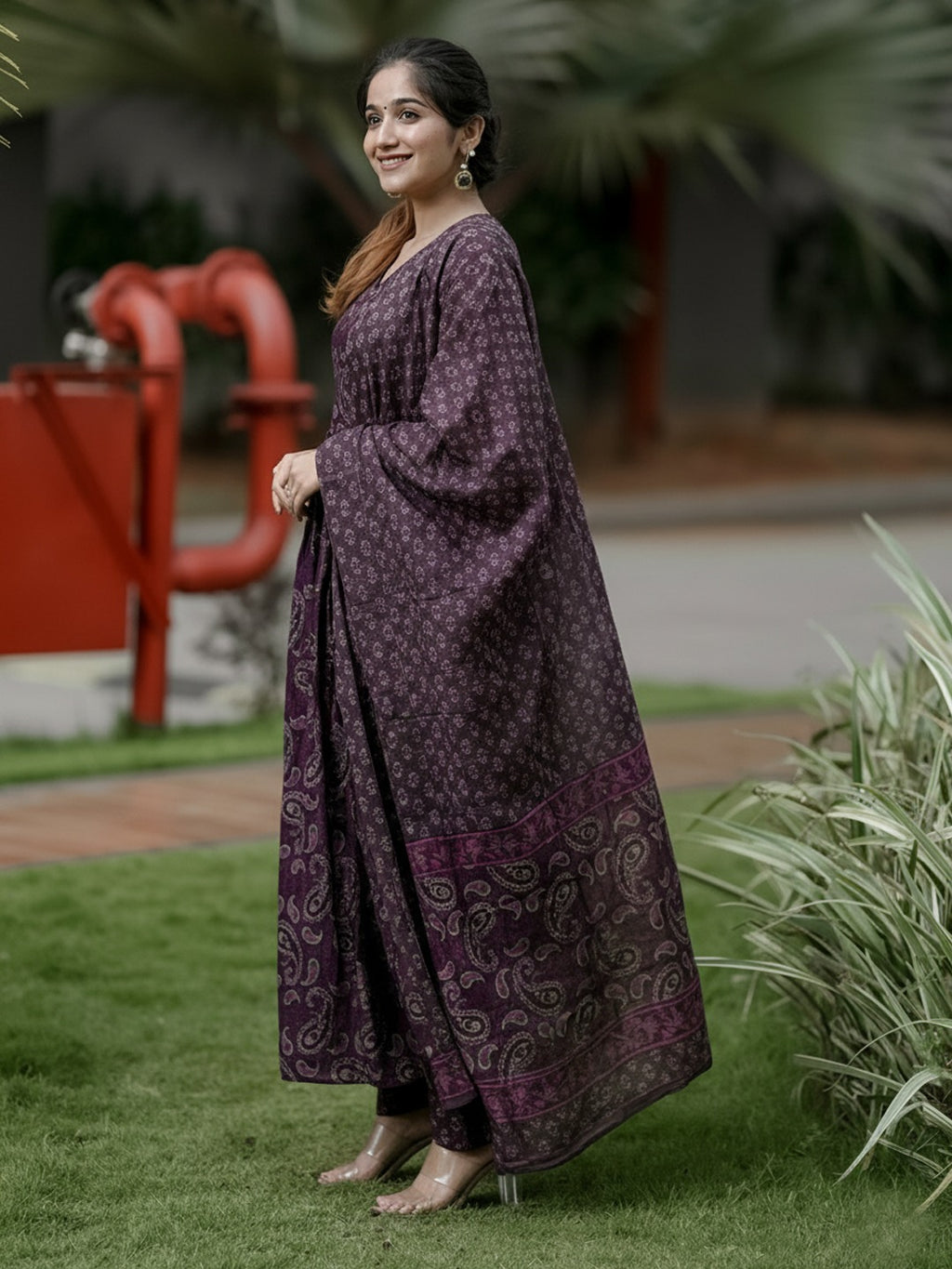 Women's Purple Paisley Printed Anarkali Kurta Set with Matching Pants & Dupatta