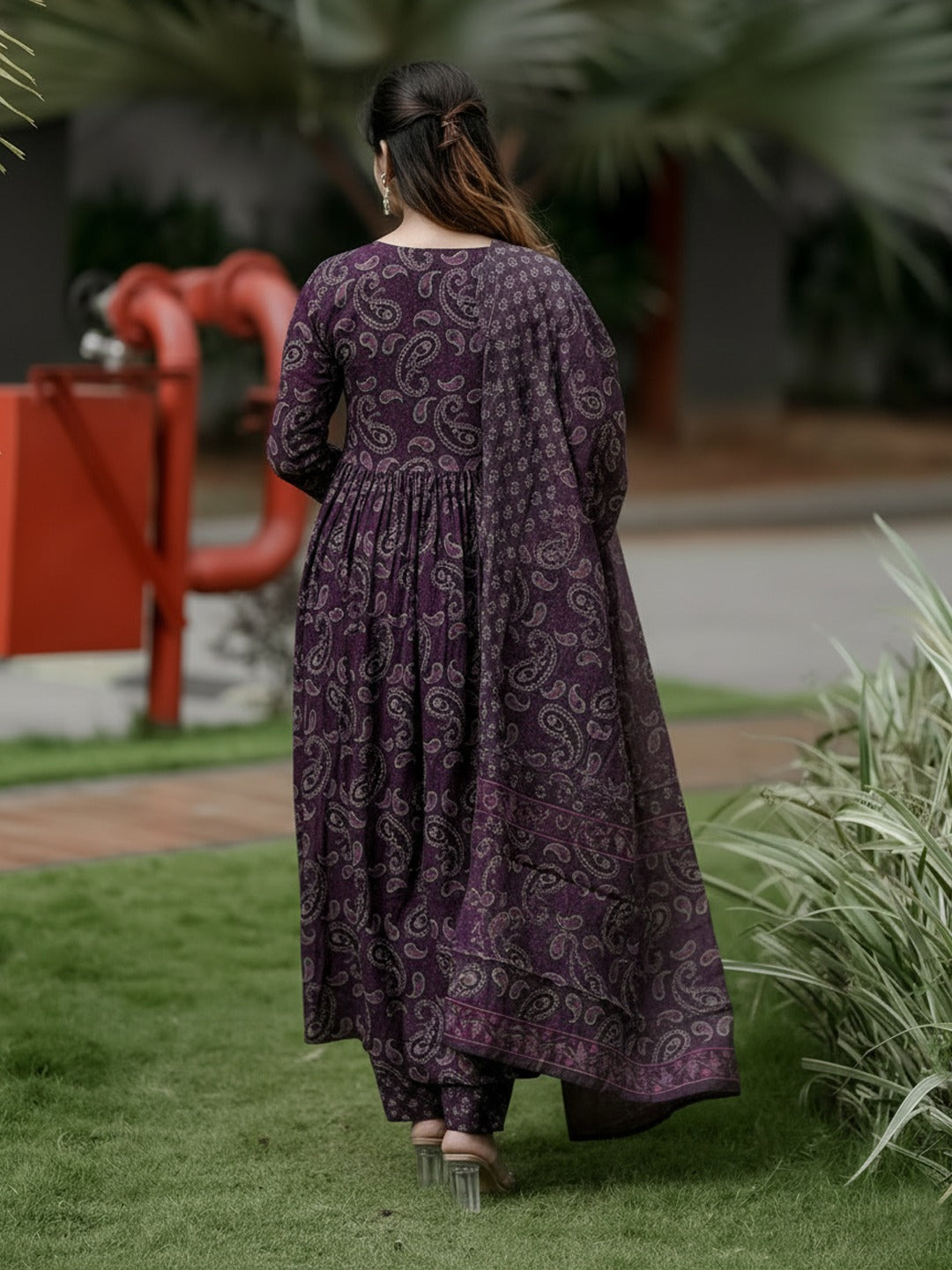 Women's Purple Paisley Printed Anarkali Kurta Set with Matching Pants & Dupatta