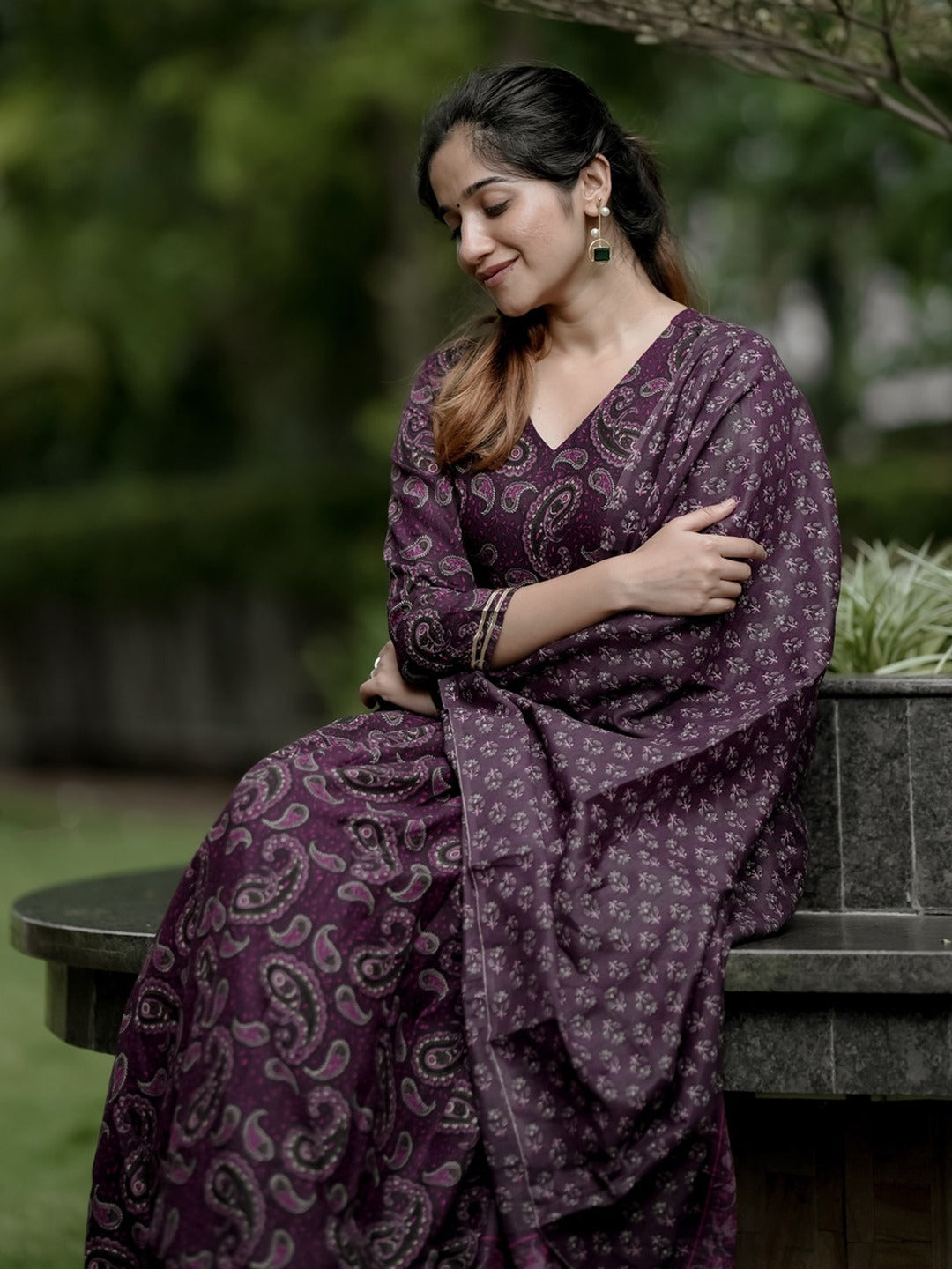 Women's Purple Paisley Printed Anarkali Kurta Set with Matching Pants & Dupatta