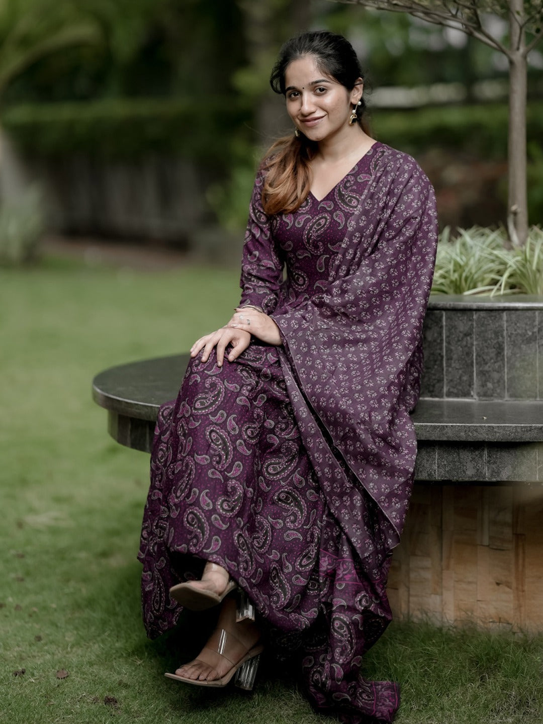 Women's Purple Paisley Printed Anarkali Kurta Set with Matching Pants & Dupatta