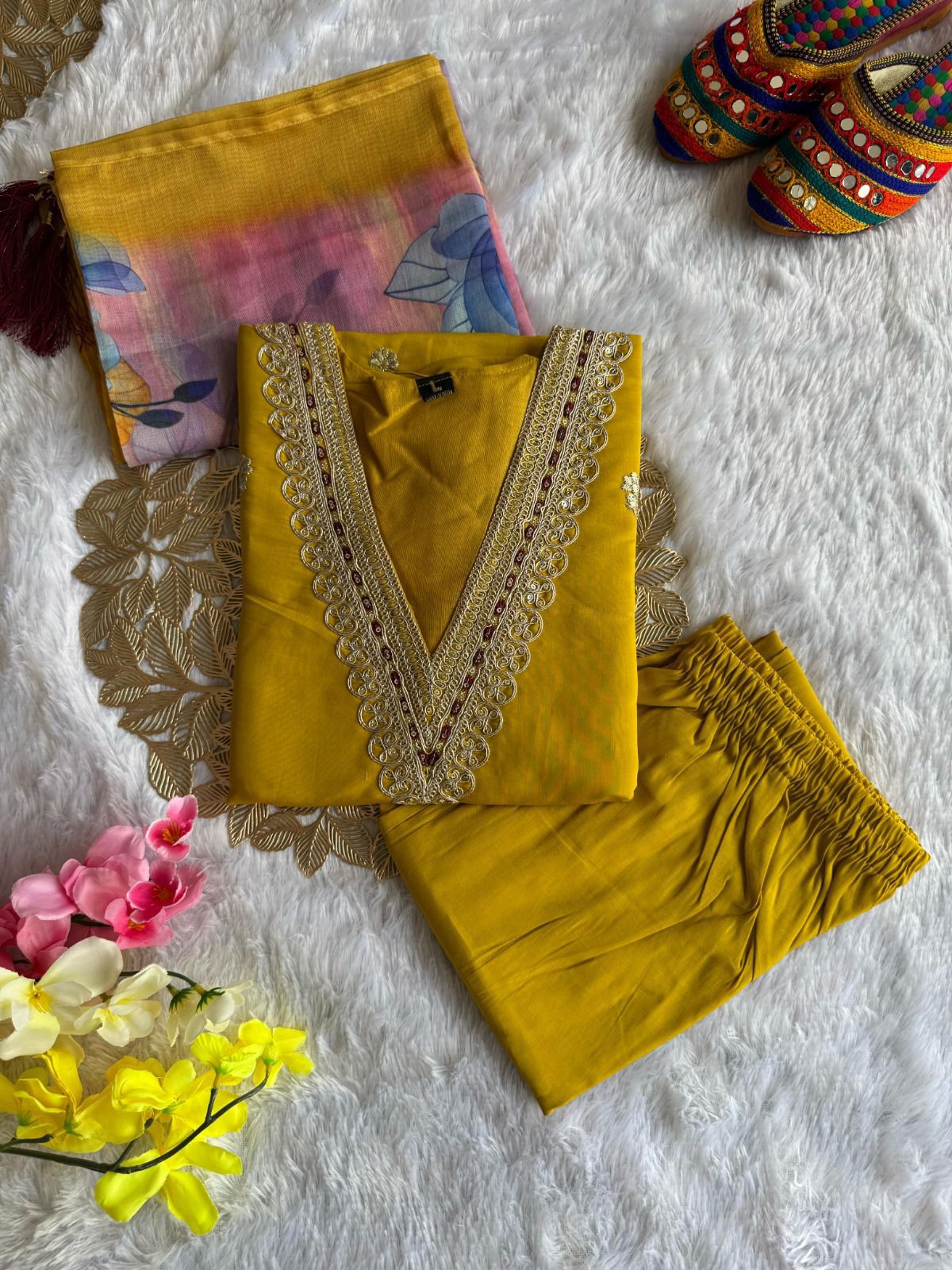 Women’s Mustard V-Neck Kurta with Intricate Embroidery, Matching Pants & Printed Dupatta