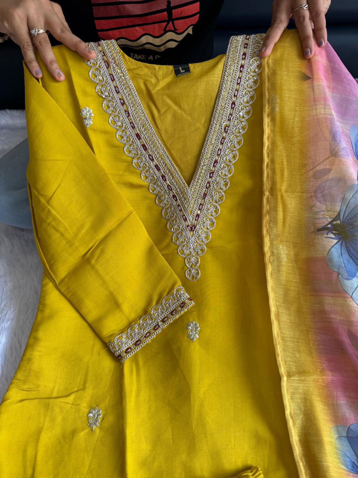 Women’s Mustard V-Neck Kurta with Intricate Embroidery, Matching Pants & Printed Dupatta