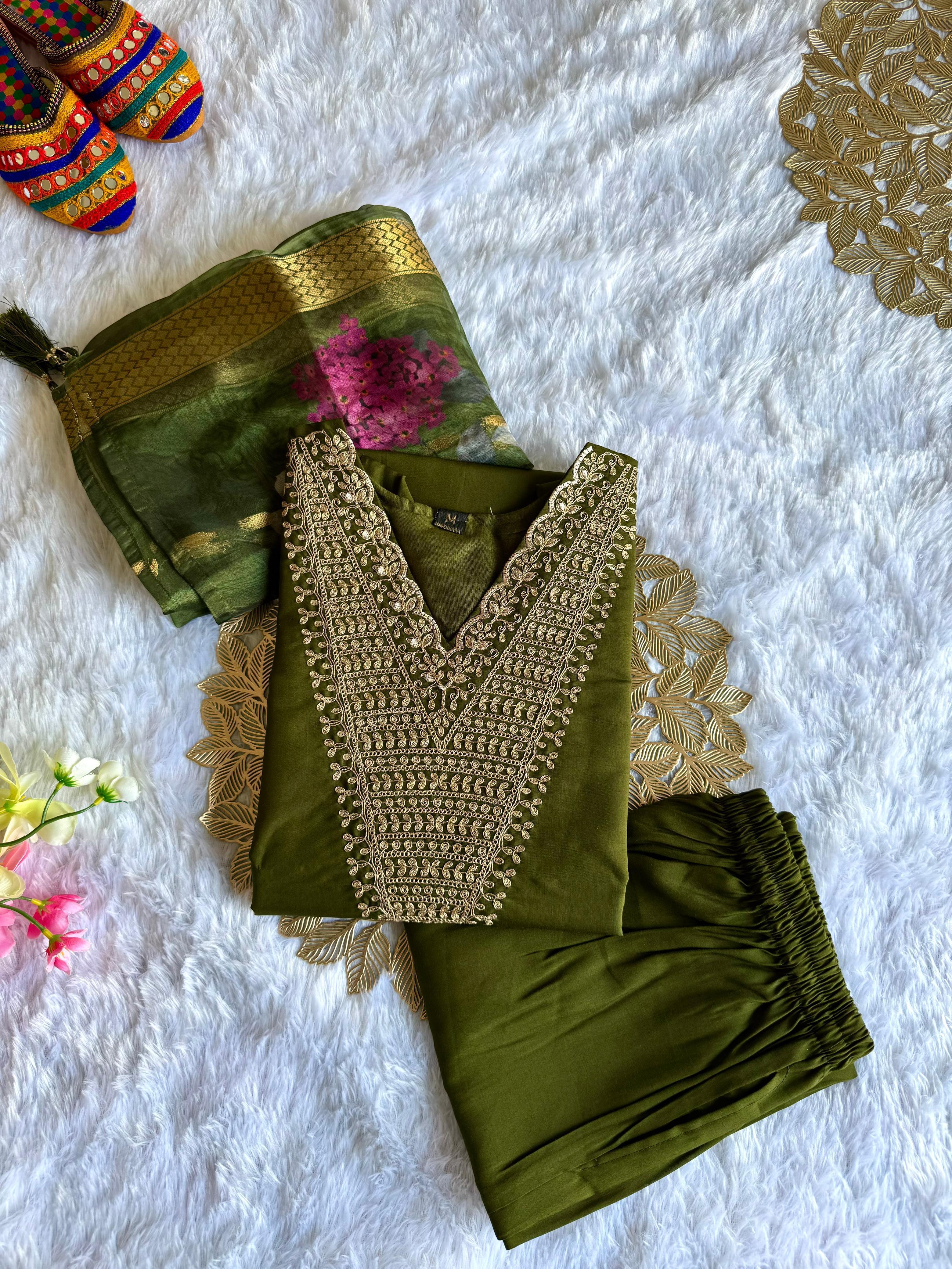 Women’s Olive Green V-Neck Kurta with Heavy Embroidery, Matching Pants & Organza Dupatta