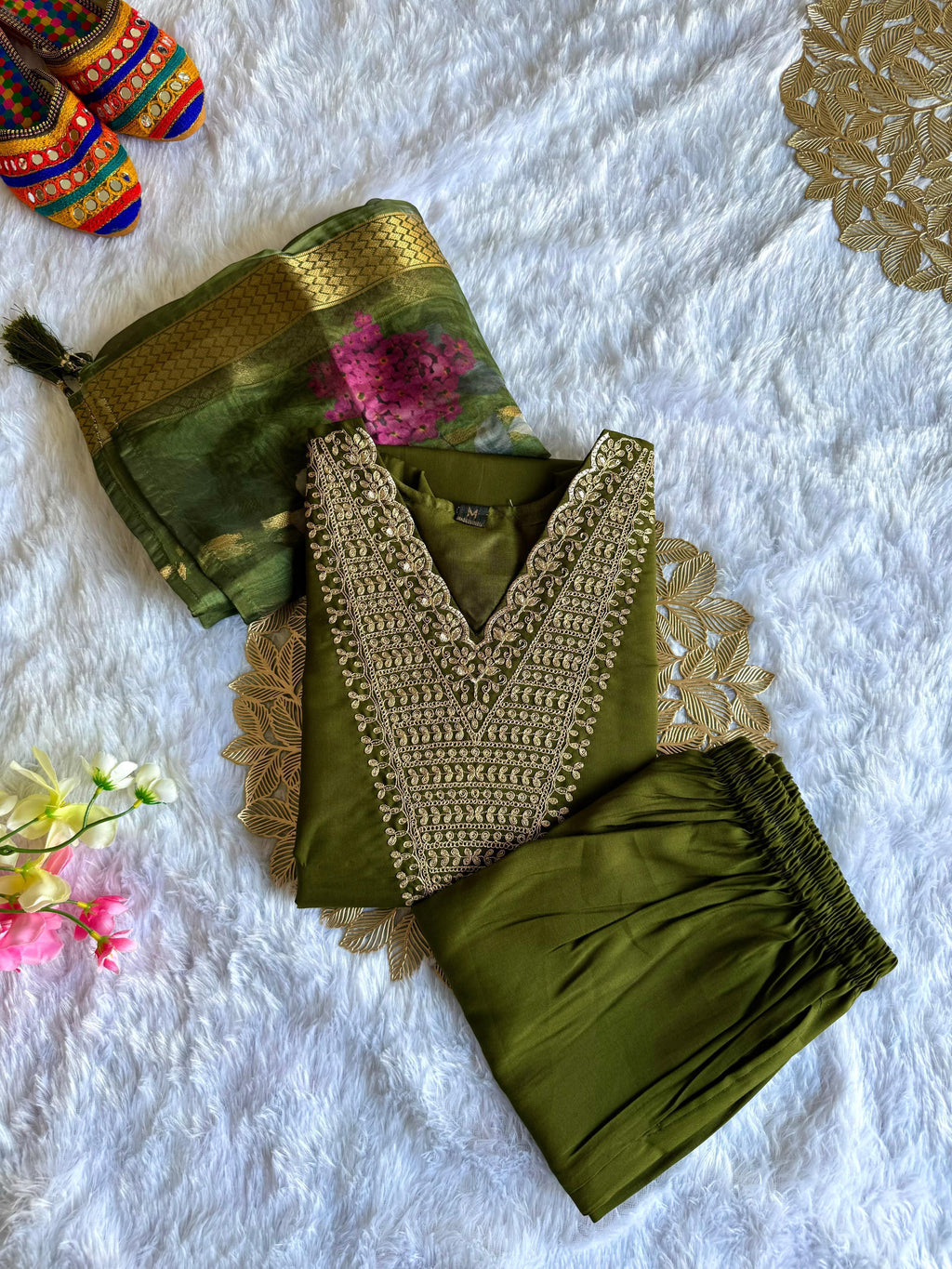 Women’s Olive Green V-Neck Kurta with Heavy Embroidery, Matching Pants & Organza Dupatta