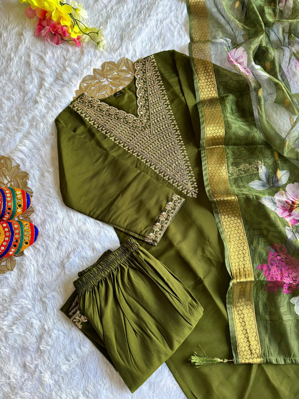 Women’s Olive Green V-Neck Kurta with Heavy Embroidery, Matching Pants & Organza Dupatta