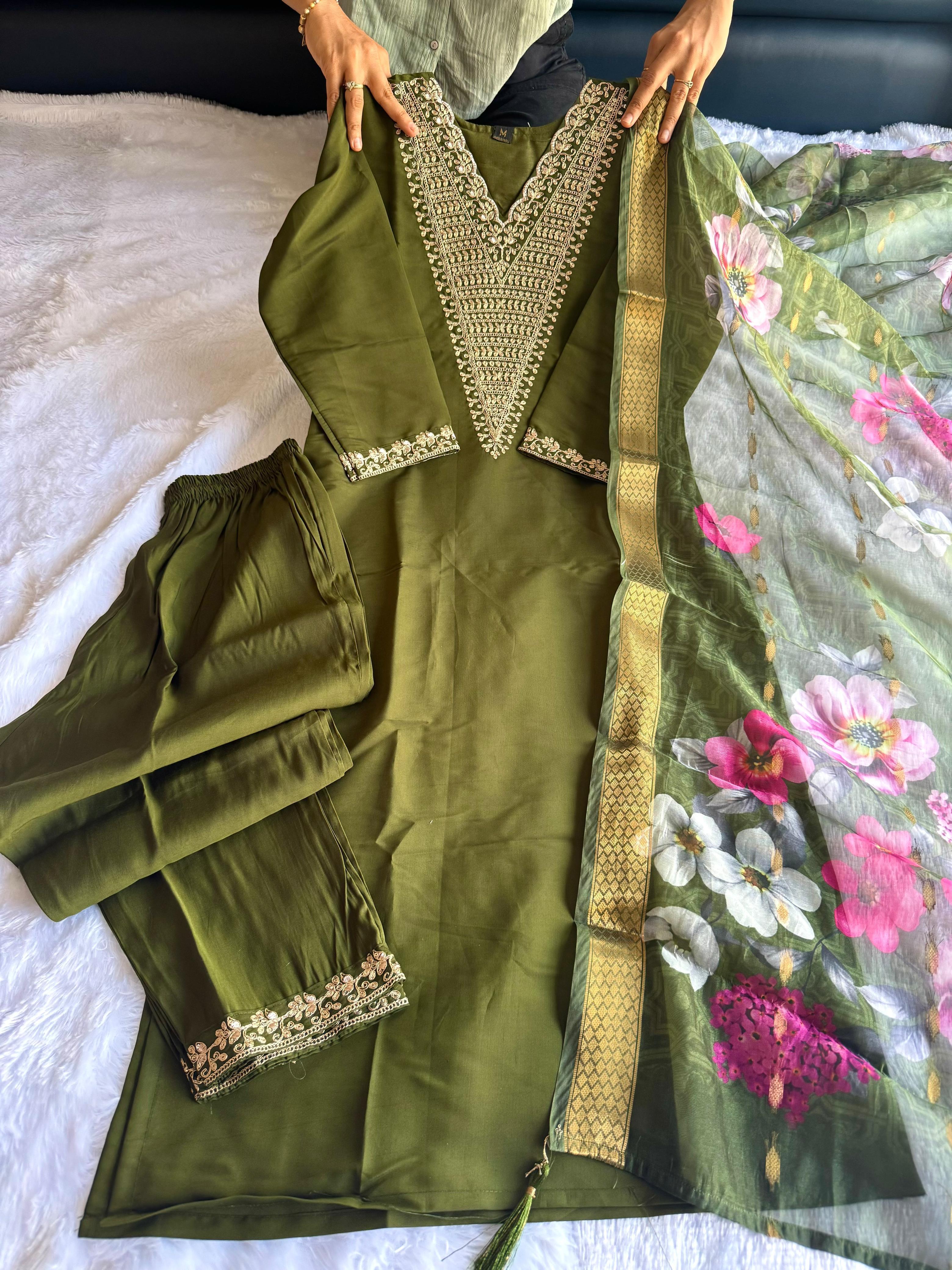 Women’s Olive Green V-Neck Kurta with Heavy Embroidery, Matching Pants & Organza Dupatta