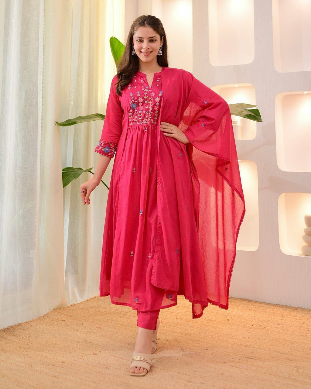 Women's Pink Floral Embroidered Anarkali Kurta with Matching Pants & Dupatta