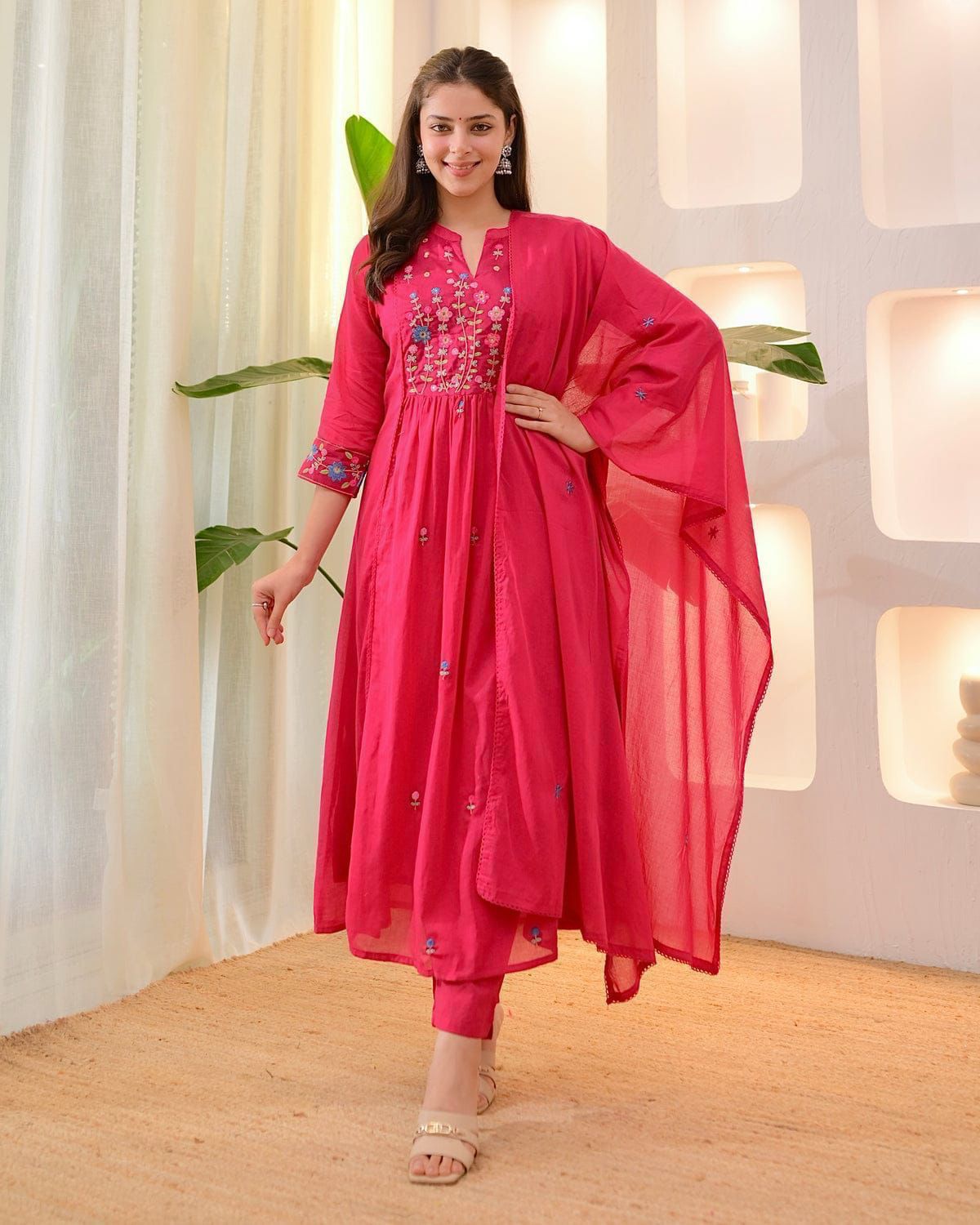 Women's Pink Floral Embroidered Anarkali Kurta with Matching Pants & Dupatta