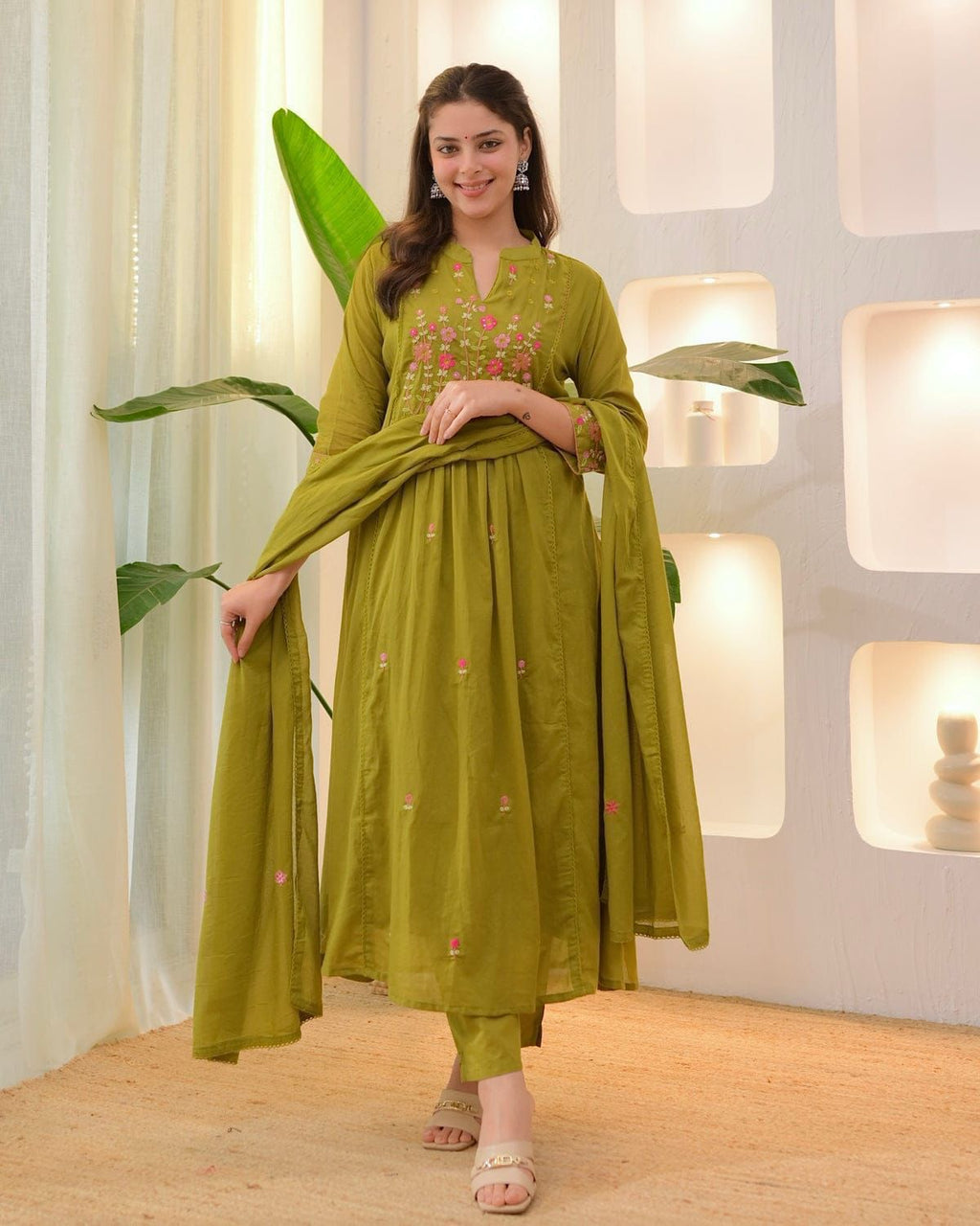 Women's Olive Green Floral Embroidered Anarkali Kurta with Pants & Dupatta