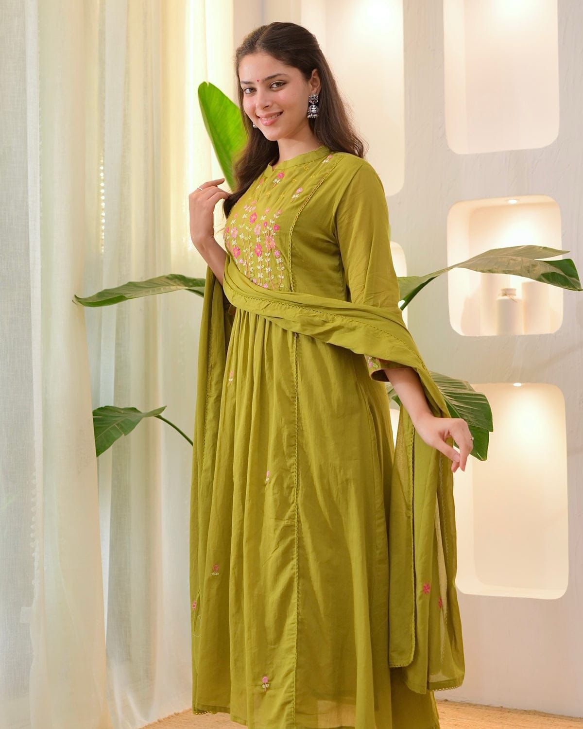 Women's Olive Green Floral Embroidered Anarkali Kurta with Pants & Dupatta