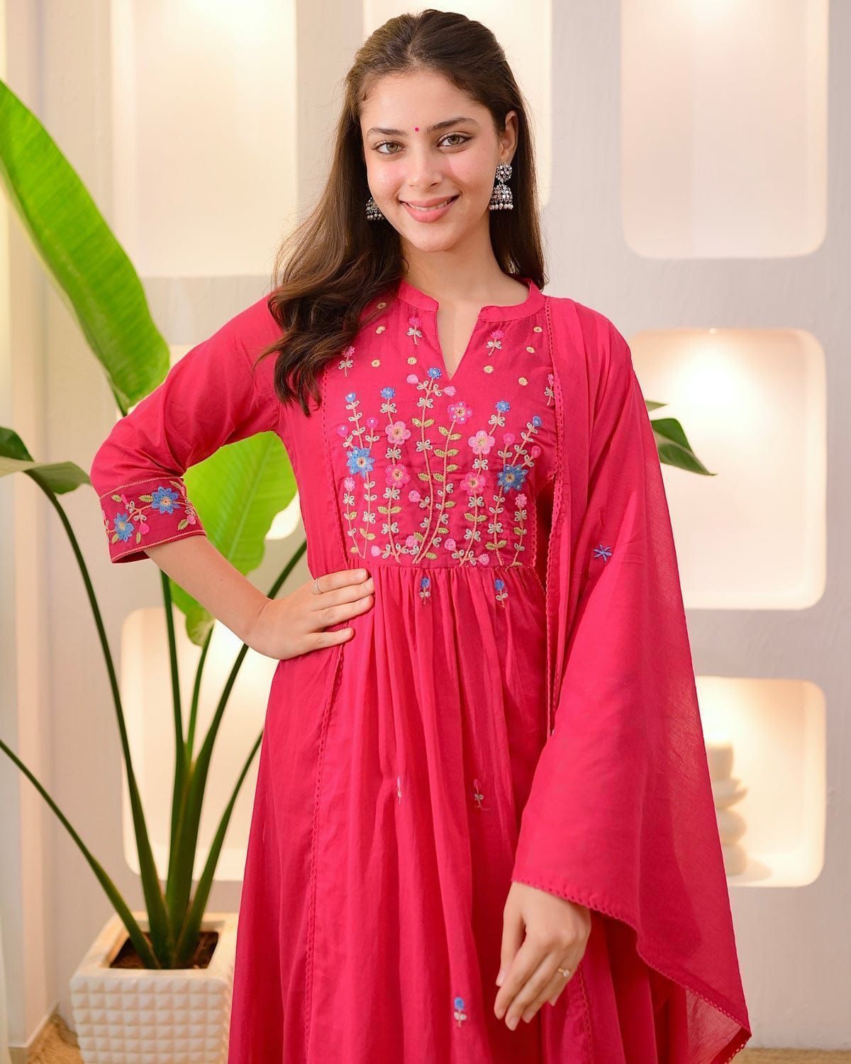 Women's Pink Floral Embroidered Anarkali Kurta with Matching Pants & Dupatta