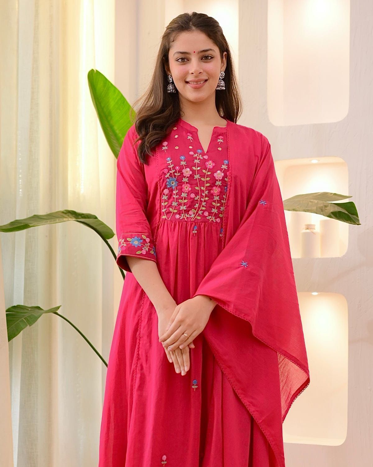 Women's Pink Floral Embroidered Anarkali Kurta with Matching Pants & Dupatta